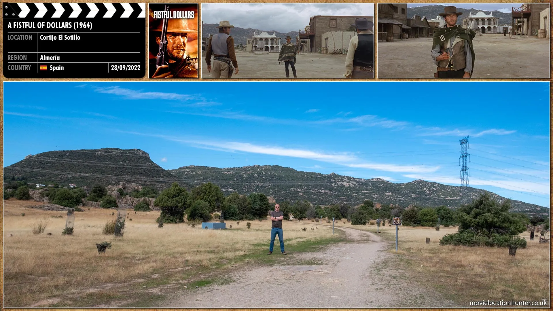 Filming location photo, shot in Spain, for A Fistful of Dollars (1964). Scene description: After discovering a feud between two smuggler families, Joe (Clint Eastwood) sees an opportunity to make some money.  He demonstrates his speed and accuracy with his gun, to both sides, by shooting with ease the four men who insulted him, and his mule, when he first entered the town.