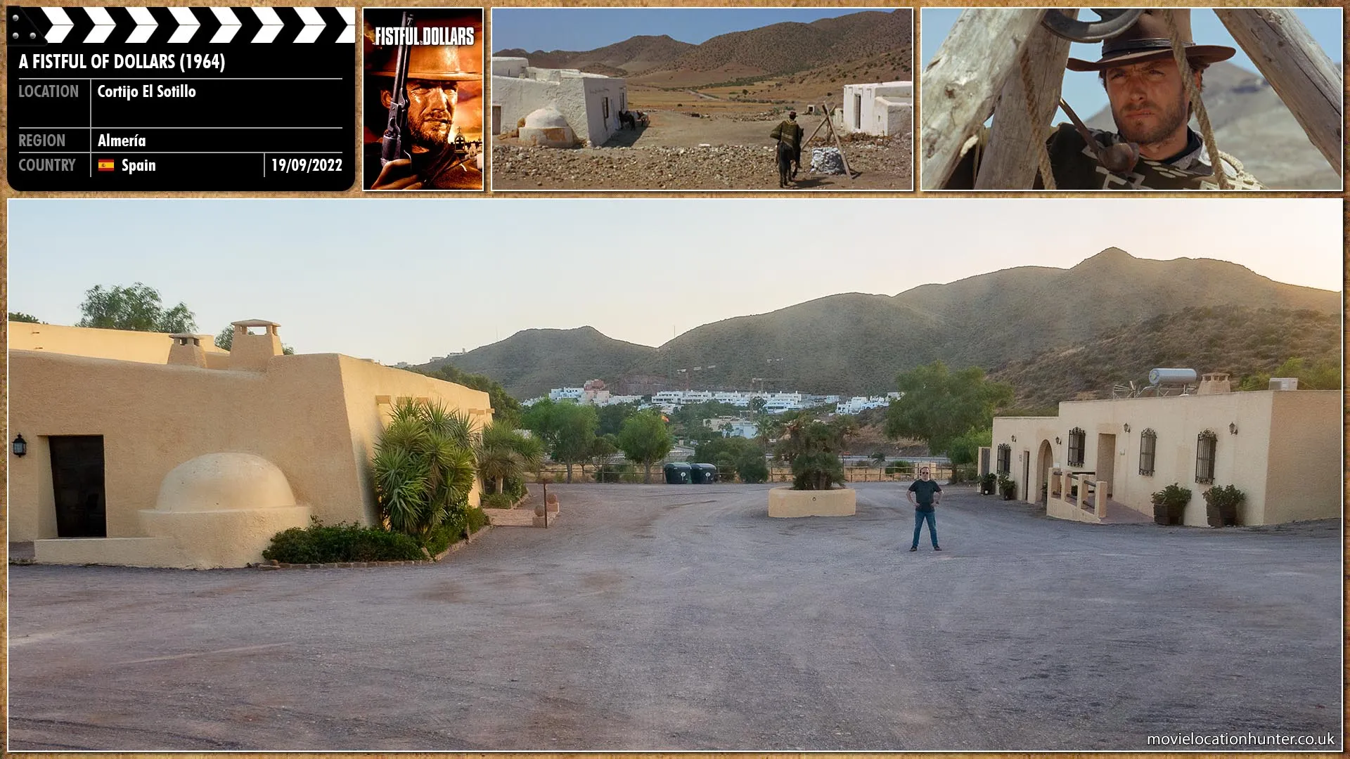 Filming location photo, shot in Spain, for A Fistful of Dollars (1964). Scene description: A stranger (Clint Eastwood) rides into the little town of San Miguel, on the Mexico-United States border. The stranger drinks water from the town well. As he does so, a scene unfolds in front of him. A child angers a group of men. They pull out their guns and begin shooting on the ground by the screaming child’s feet.