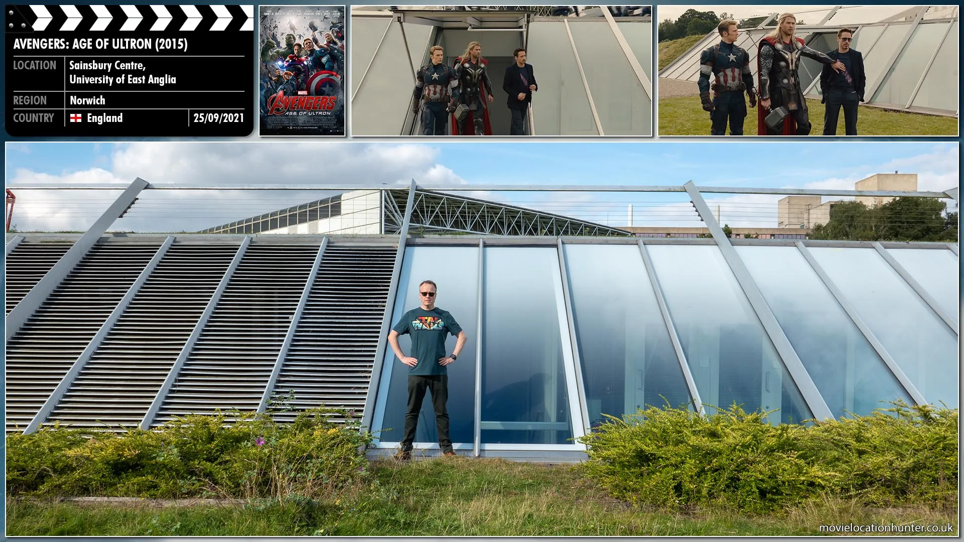 Filming location photo, shot in England, for Avengers: Age of Ultron (2015). Scene description: Tony Stark (Robert Downey Jr.), Captain America (Chris Evans) and Thor (Chris Hemsworth) exit the base as Thor prepares to return to Asgard.