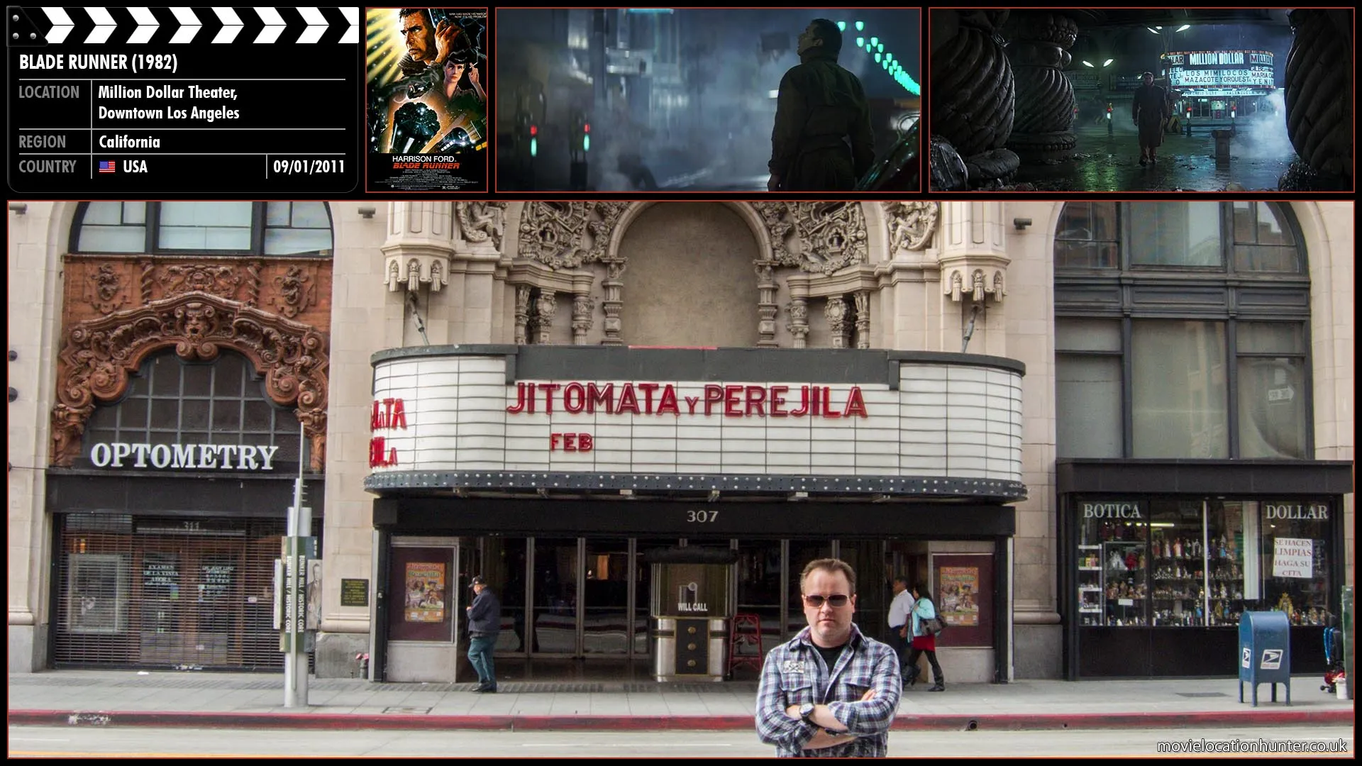 Filming location photo, shot in USA, for Blade Runner (1982). Scene description: Deckard (Harrison Ford) flies in his car to the sector where JF Sebastian (William Sanderson) lives. He receives a report from Bryant (M. Emmet Walsh) who tells him that Tyrell (Joe Turkel) is dead and Sebastian has also been found dead at the same scene.
