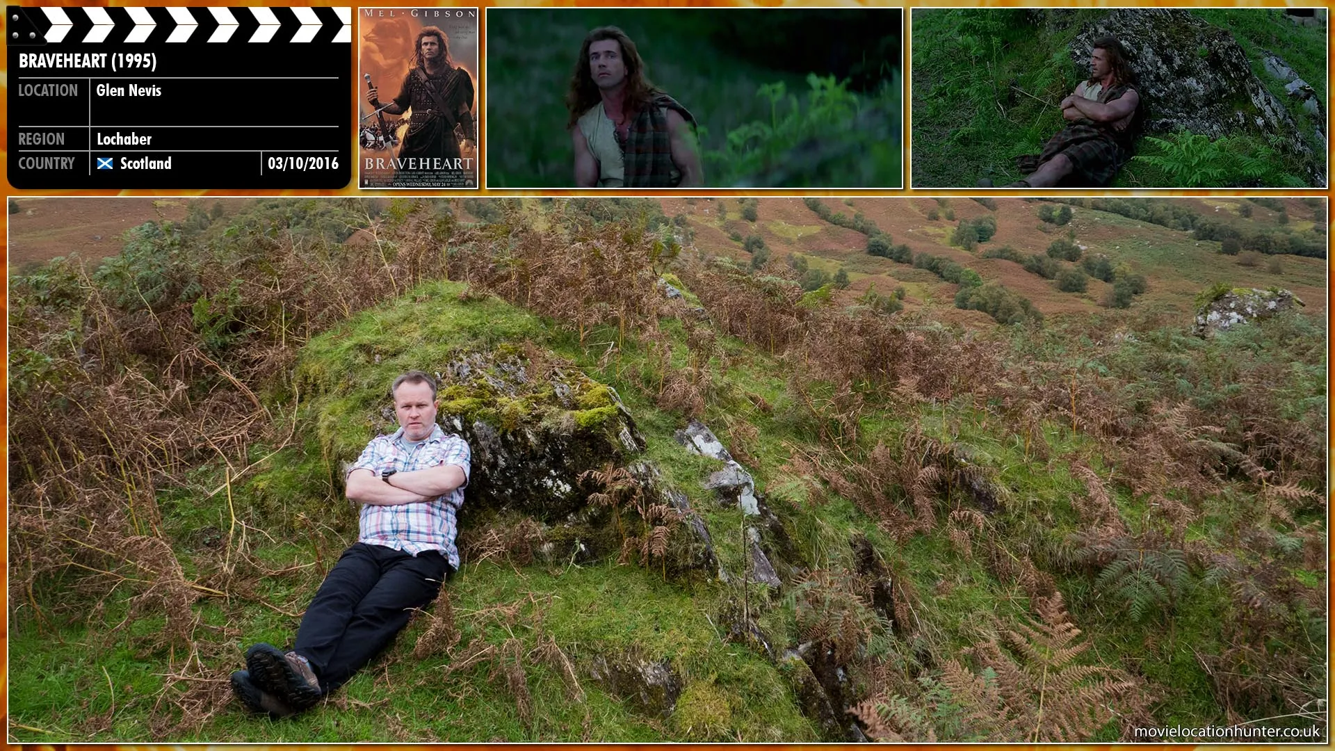 Filming location photo, shot in Scotland, for Braveheart (1995). Scene description: Wallace throws stones at a wooden door to grab the attention of his childhood friend Murron MacClannough almost hitting her when she notices before he hides behind a rock waiting for her to join him.