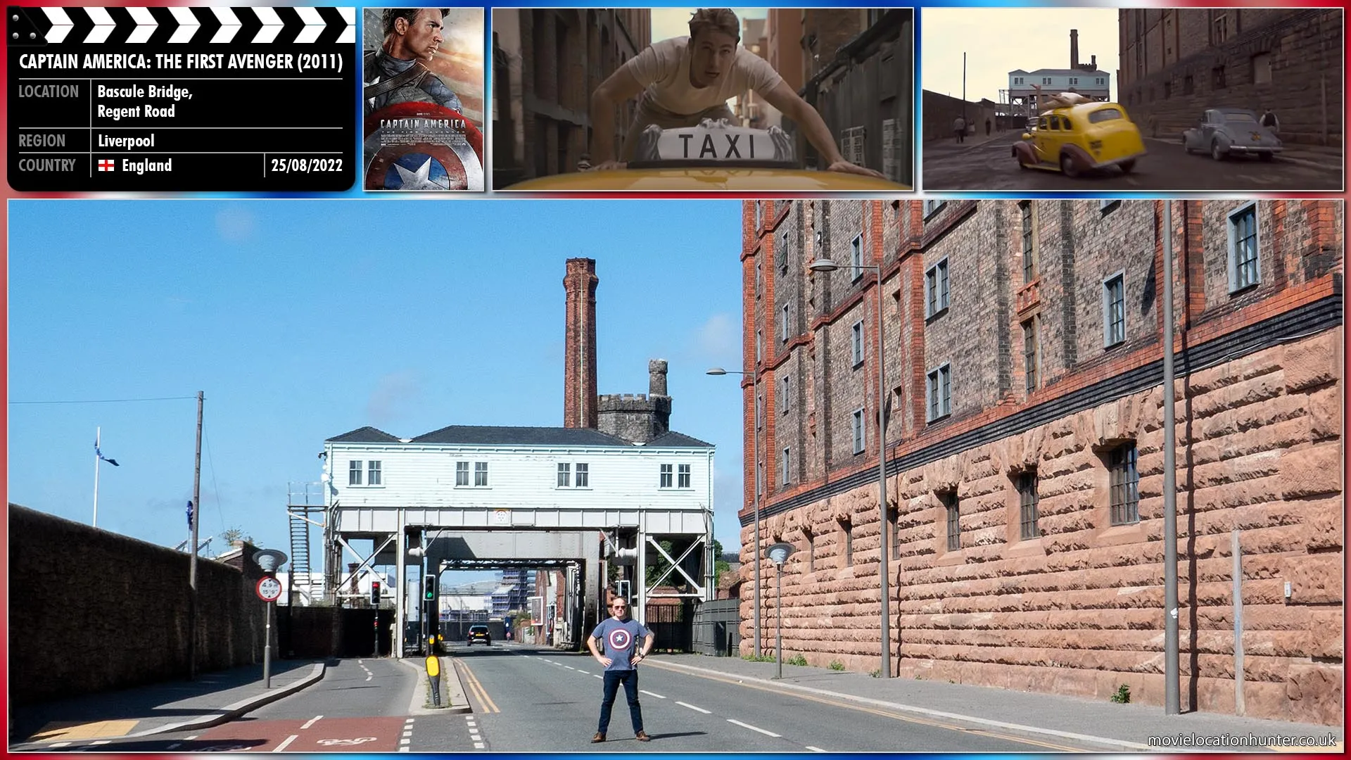 Filming location photo, shot in England, for Captain America: The First Avenger (2011). Scene description: Steve (Chris Evans) vaults off a car’s roof and lands on the taxi. Kruger (Richard Armitage) pulls his gun and blasts at Steve as he ducks, clinging to the side of the car as they swerve through the streets.