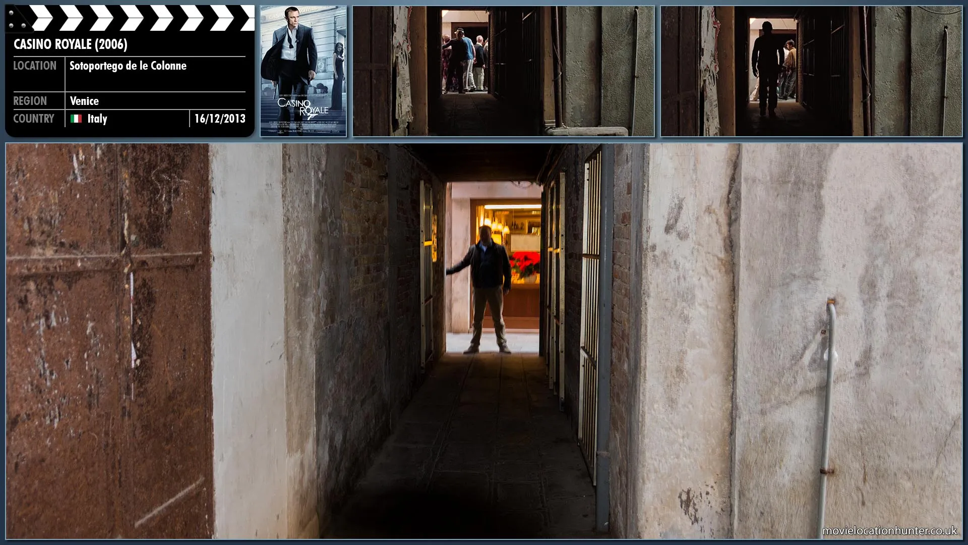 Filming location photo, shot in Italy, for Casino Royale (2006). Scene description: Bond (Daniel Craig), making sure he is not seen, turns into the same alley as Vesper (Eva Green) and continues his pursuit.