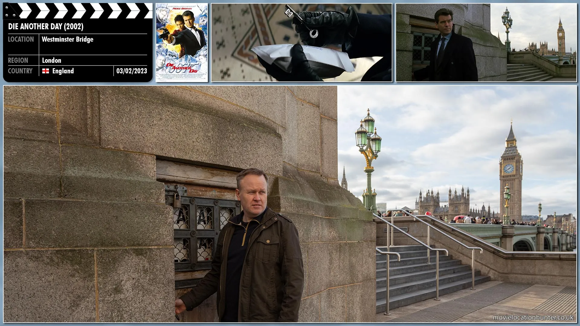 Filming location photo, shot in England, for Die Another Day (2002). Scene description: A large key is delivered to Bond (Pierce Brosnan) who uses it to unlock a door leading to a MI6 bunker.