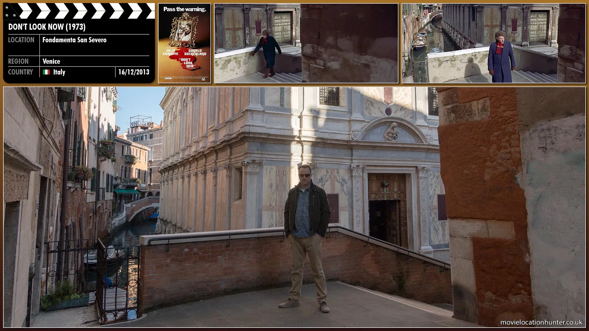 Filming location photo, shot in Italy, for Don't Look Now (1973). Scene description: After witnessing the recovery of a body from the canal, a bewildered John (Donald Sutherland) returns to his hotel.