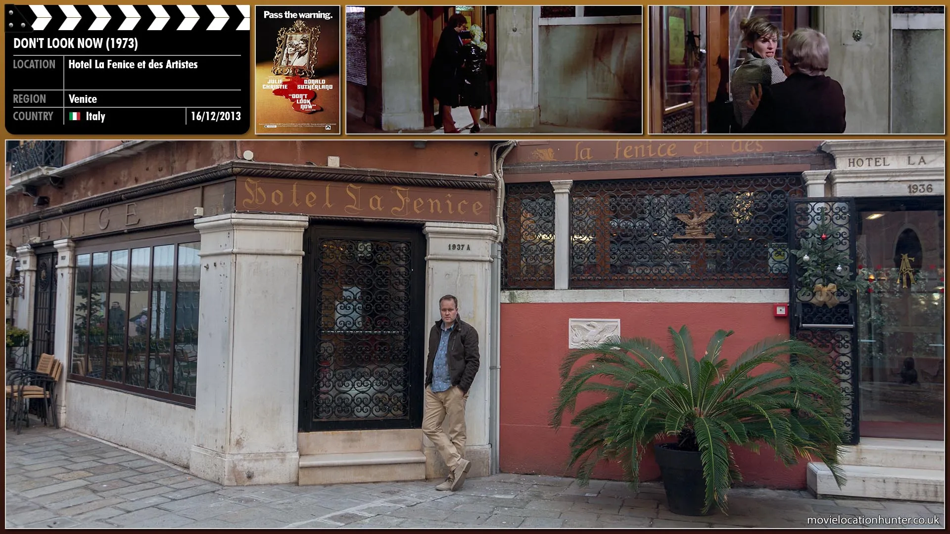 Filming location photo, shot in Italy, for Don't Look Now (1973). Scene description: Having confirmed Laura (Julie Christie) is in England, John (Donald Sutherland) returns to the police station where he discovers the police have brought Heather (Hilary Mason) in for questioning.  An apologetic John offers to escort her back to the hotel.