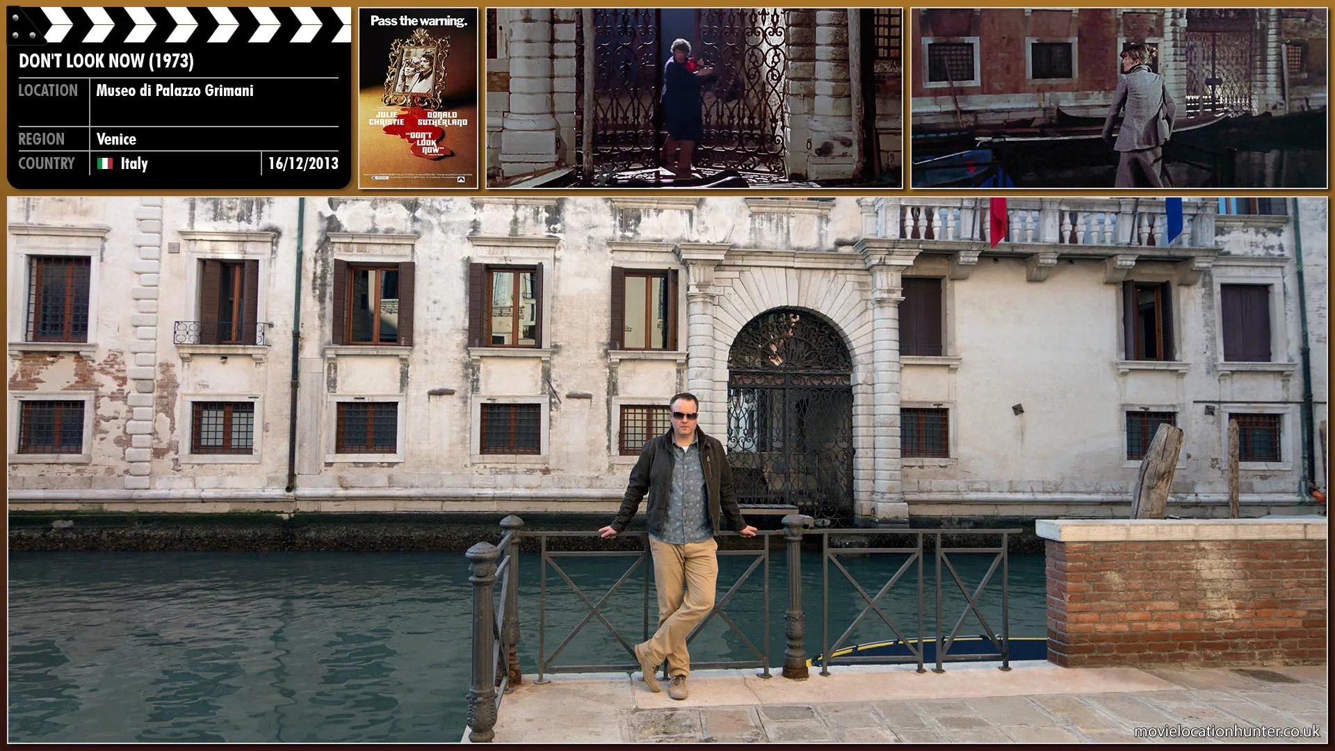 Filming location photo, shot in Italy, for Don't Look Now (1973). Scene description: John (Donald Sutherland) clumsily scrambles over boats in pursuit of the child (Adelina Poerio) who disappears through a pair of open gates into a passage.  John closes and locks the gates and runs down the passage trying to catch up.