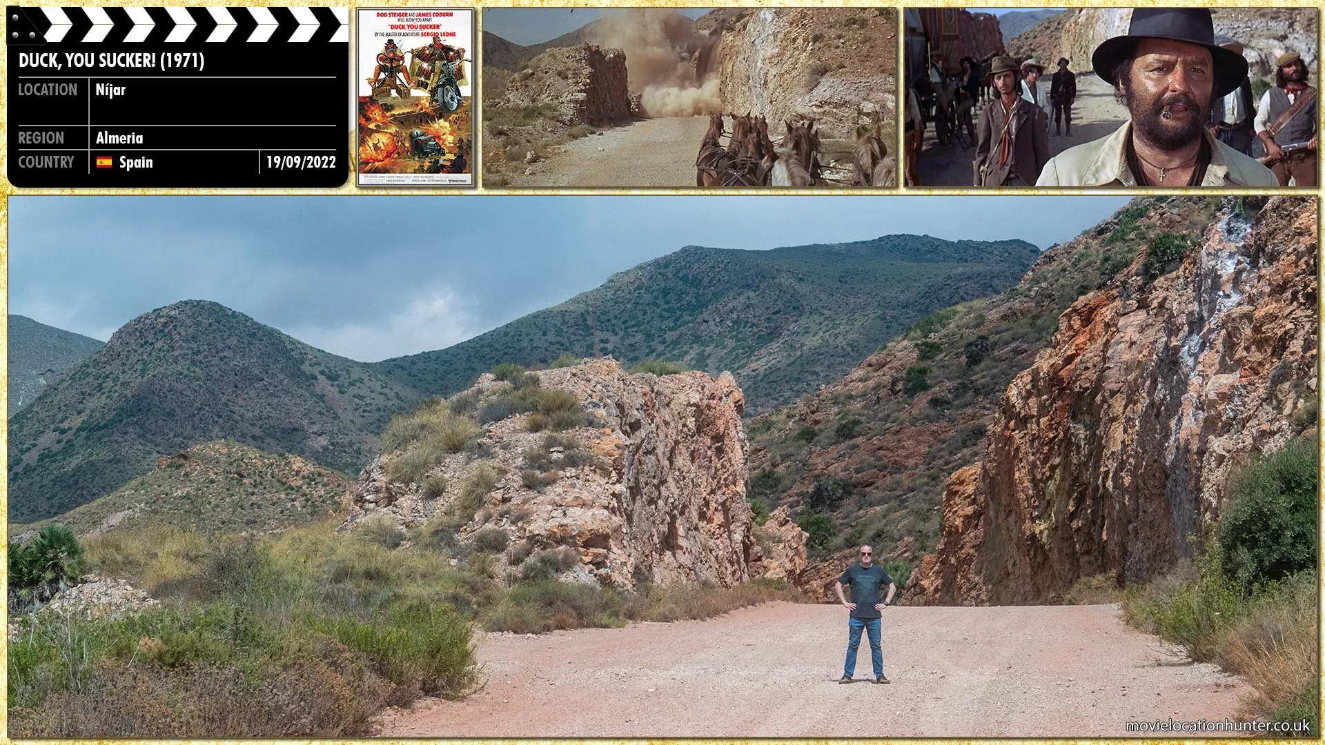 Filming location photo, shot in Spain, for Duck, You Sucker! (1971). Scene description: Afterwords, Juan (Rod Steiger) and his group hear explosions in the distance. Venturing to the source of the sounds, the Mexican bandit family meets John 'Sean' Mallory (James Coburn), an Irish Republican explosives expert on the run from the British.