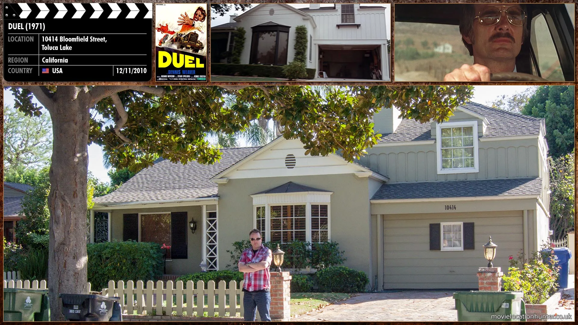 Filming location photo, shot in USA, for Duel (1971). Scene description: David Mann (Dennis Weaver) sets out from Los Angeles on a business trip driving a 1970 red Plymouth Valiant.
