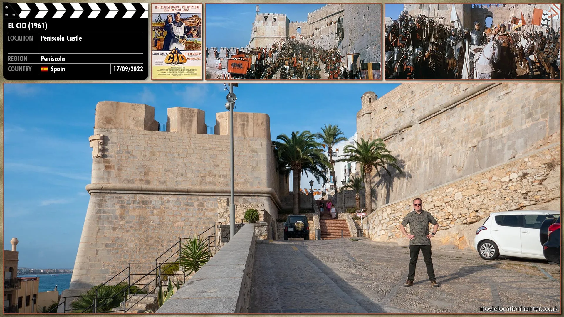 Filming location photo, shot in Spain, for El Cid (1961). Scene description: Rodrigo (Charlton Heston) dies, and a rumor of his death spreads. His allies honor Rodrigo's final wish. With help of an iron frame they prop up his body, its eyes staring straight ahead. Dressed in full armor and holding an unfurled banner, he is strapped to the back of his horse, Babieca. Guided by King Alfonso (John Fraser) and Emir Al-Mu'tamin (Douglas Wilmer) riding on either side, the horse leads a mounted charge against Yusuf's (Herbert Lom) now terrified soldiers, who believe that El Cid has risen from the dead. In the panic that ensues, Ben Yusuf is thrown from his horse and is crushed beneath Babieca's hooves, leaving his scattered army to be annihilated.