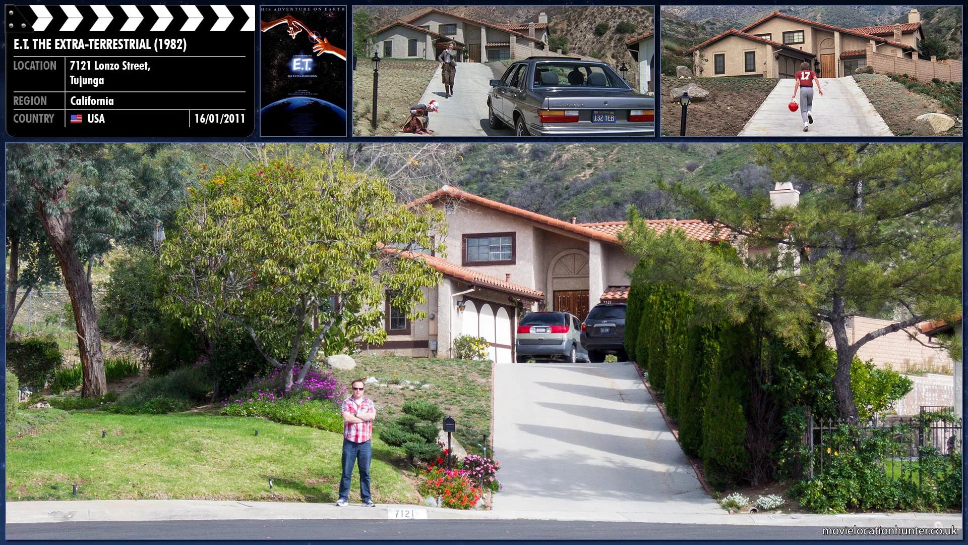 Filming location photo, shot in USA, for E.T. the Extra-Terrestrial (1982). Scene description: In one house, a young boy named Elliot (Henry Thomas) is sent out to pick up a pizza being delivered for his brother Michael (Robert MacNaughton) and his friends. Elliot is about to return inside when a strange noise in the backyard catches his ears. Elliot traces the noise to a gardening shed in the backyard. Elliot throws a baseball into the shed, and is scared when something in the shed throws it back out. Elliot rushes inside to tell everyone, and they all come out to investigate, but find nothing in the shed, except for some strange prints, which Michael assumes must belong to some type of coyote from the nearby woods.