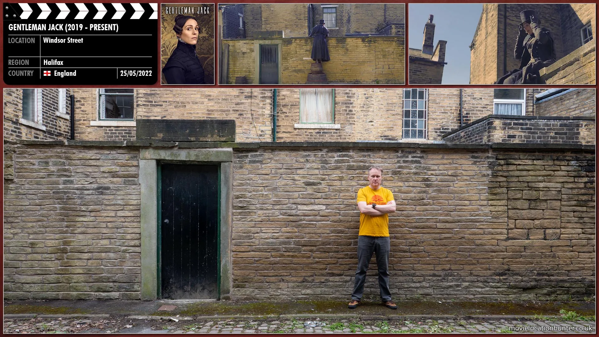 Filming location photo, shot in England, for Gentleman Jack (2019). Scene description: Anne Lister (Suranne Jones) walks down the back alley and identifies which house she thinks is Briggs. She tries the handle on the gate: locked. She sets about climbing over the high wall. We see just how physically resourceful she is as she climbs over and drops down the other side in the yard: nothing stops her, and it’s all done with great aplomb and assurance.