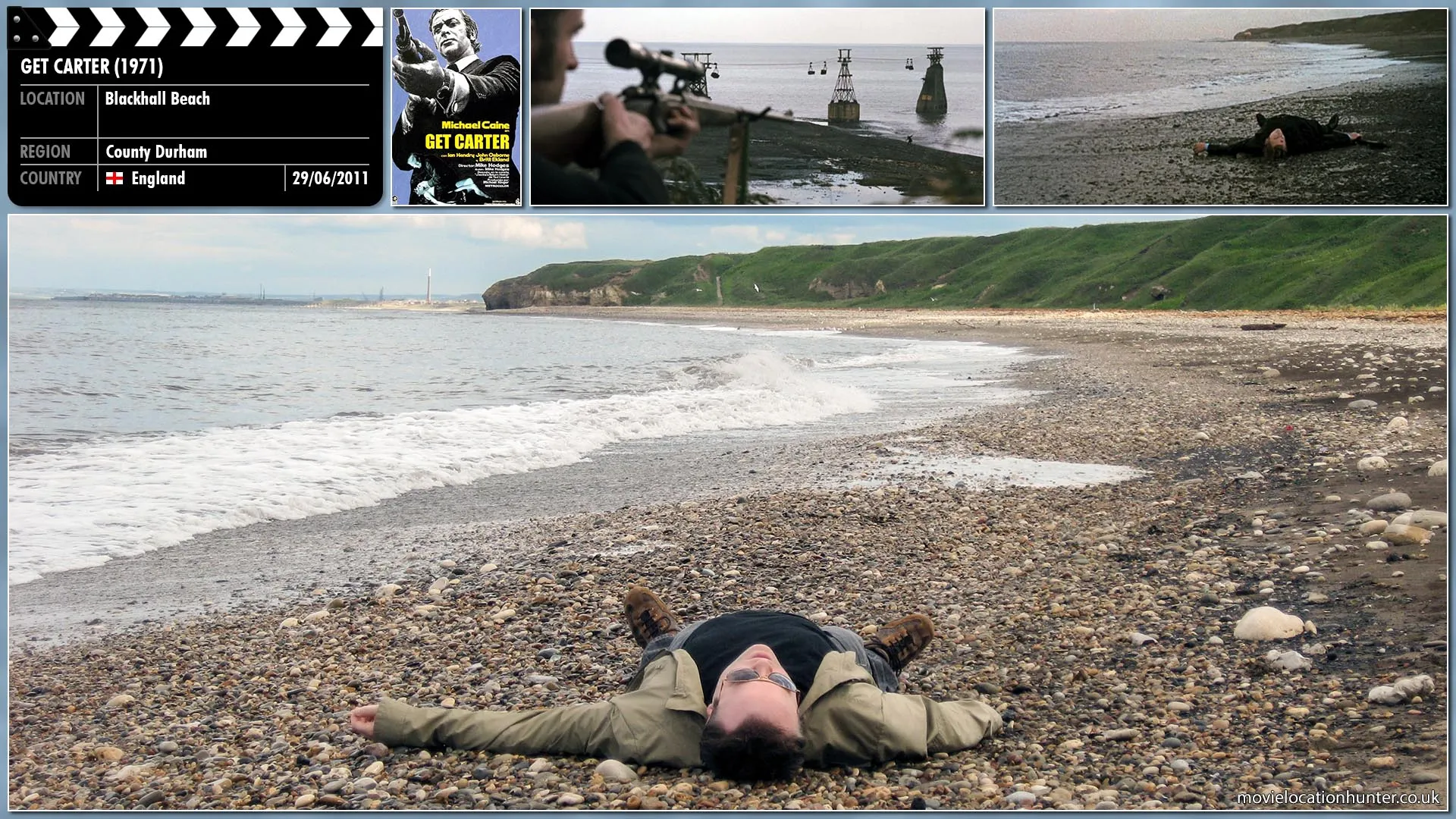 Filming location photo, shot in England, for Get Carter (1971). Scene description: High on the clifftop a rifle and telescopic lens line up on Carter (Michael Caine).  Carter moves slowly by the edge of the sea. He raises the shotgun to throw it away.  The finger tightens on the trigger and pulls it. There's a quiet, whooshing sound. Carter drops to the ground. The waves lap around his head. A small trickle of blood pours out of a hole in his temple. He's dead.