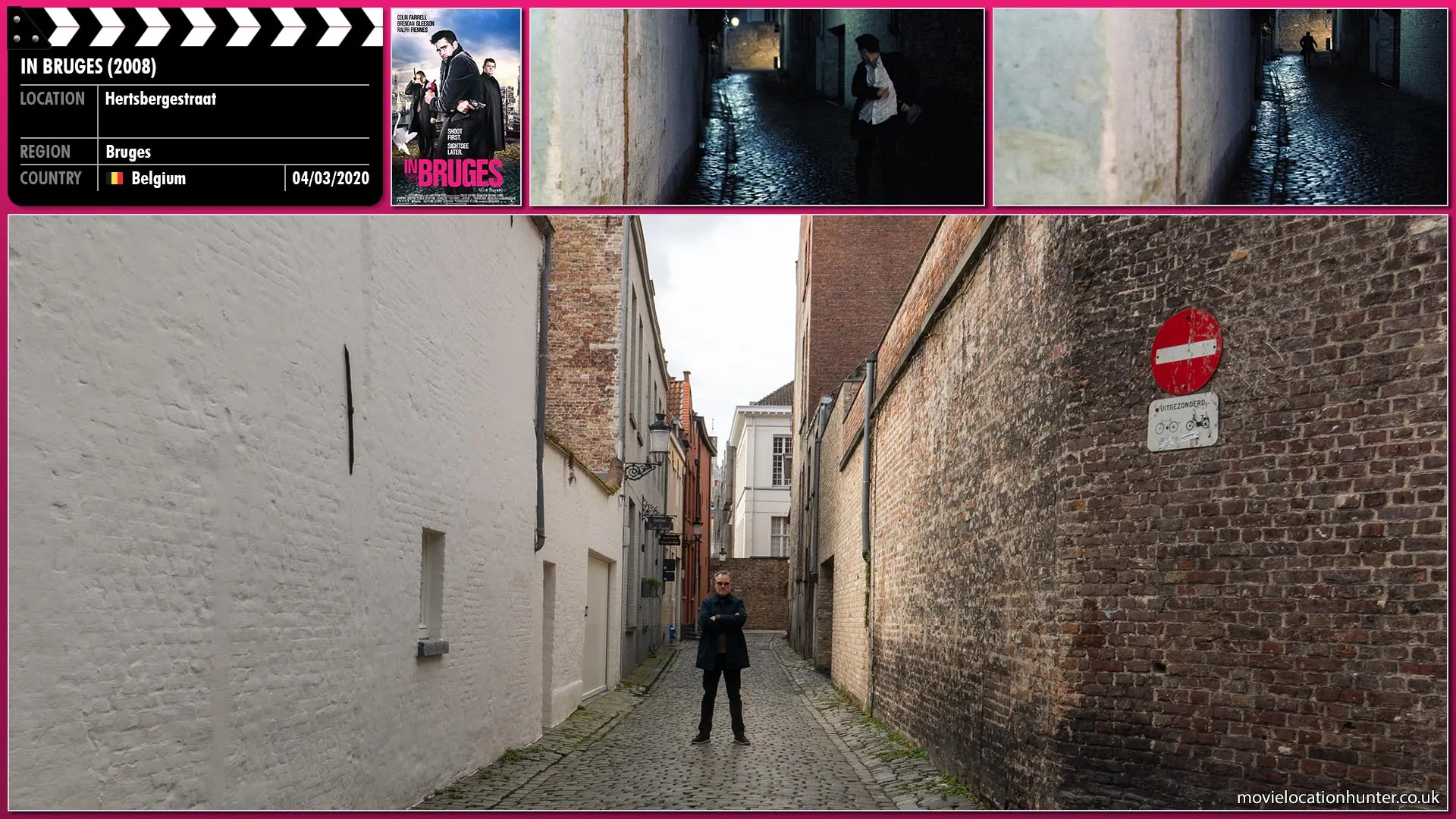 Filming location photo, shot in Belgium, for In Bruges (2008). Scene description: Harry (Ralph Fiennes) chases Ray (Colin Farrell) down a cobbled street.  Ray knows these streets well so a large distance between them starts opening up.