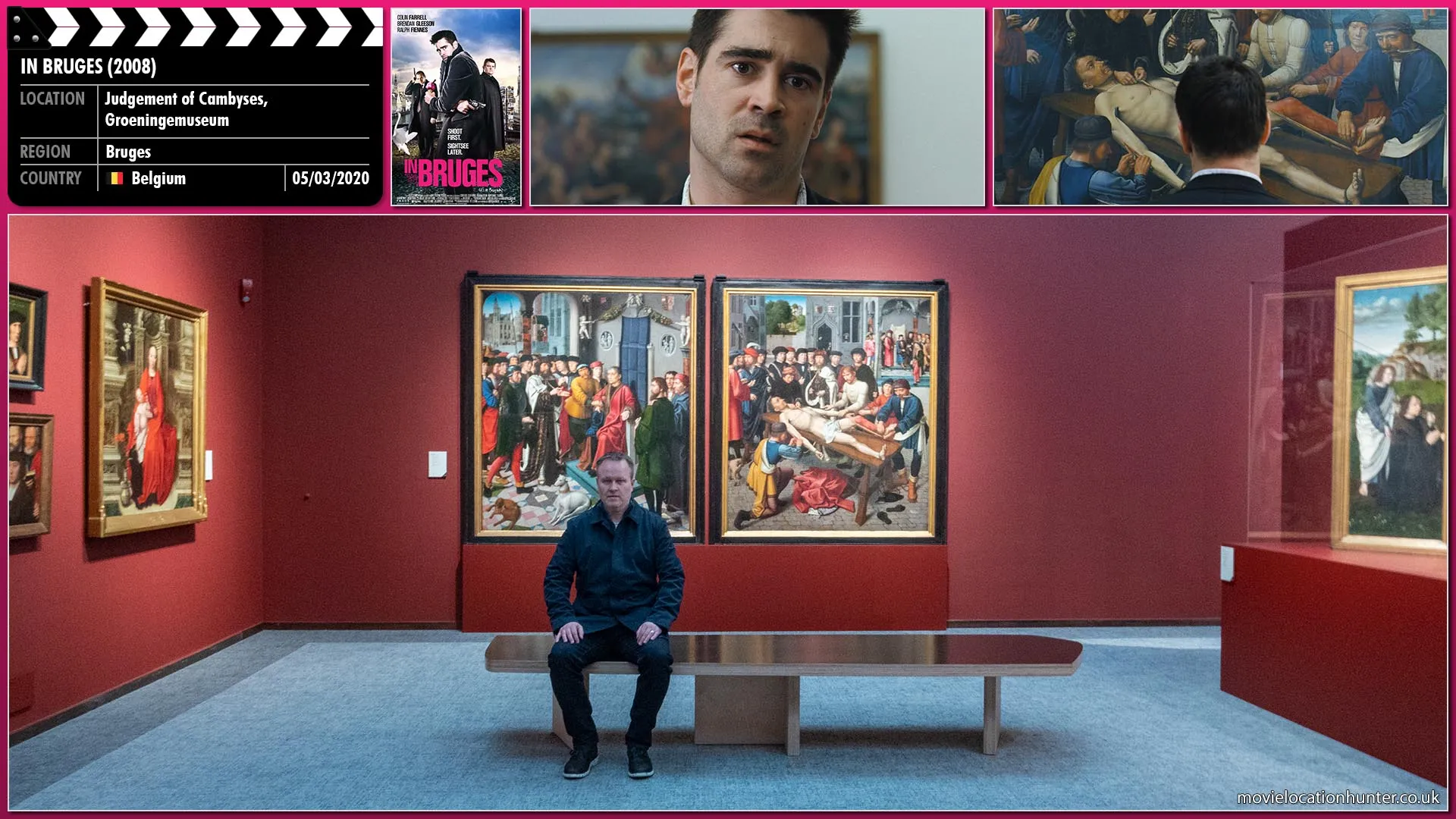 Filming location photo, shot in Belgium, for In Bruges (2008). Scene description: An extremely bored Ray (Colin Farrell) sits and studies the only painting he finds of interest.  The Judgement of the Cambyses