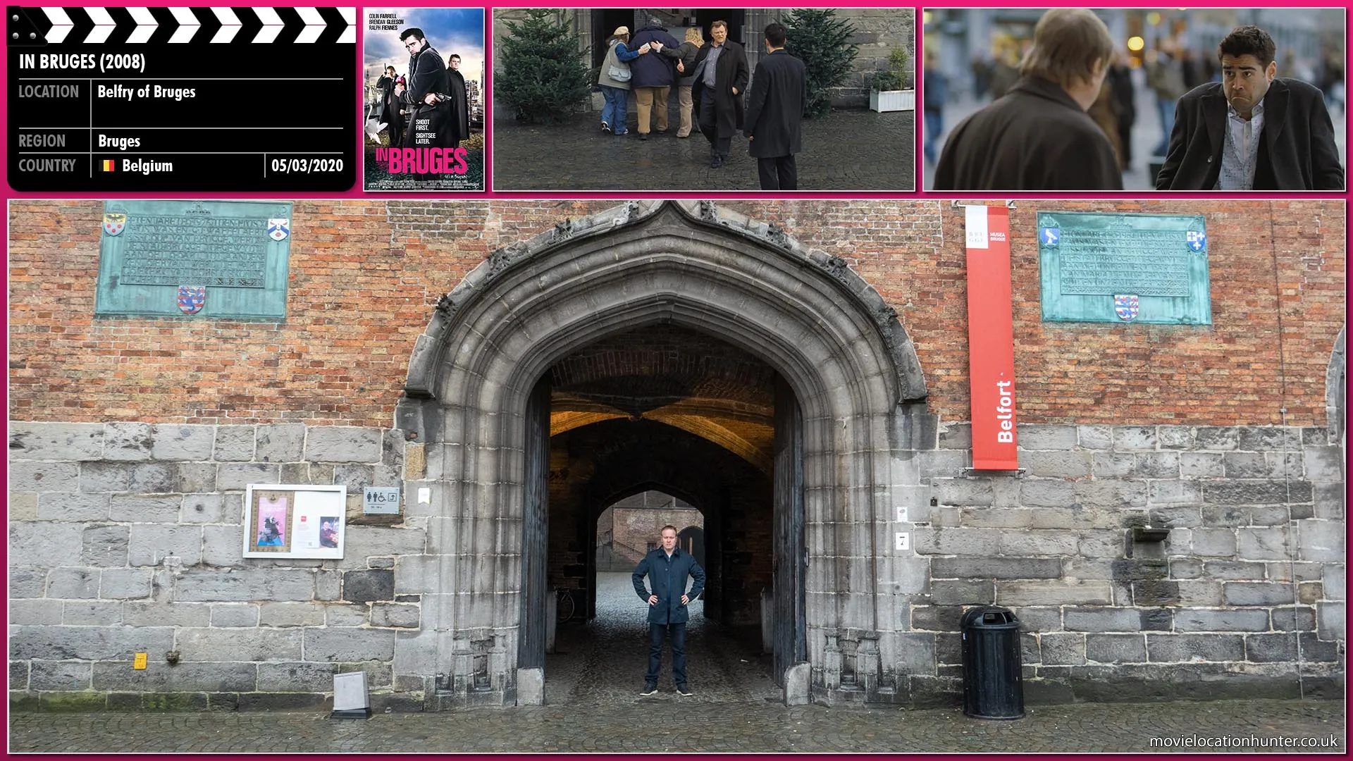 Filming location photo, shot in Belgium, for In Bruges (2008). Scene description: A massive shadow falls over Ray (Colin Farrell).  He looks up and sees three enormously overweight Americans who ask him if he had been to the top of the tower.  Bemused by the fact they are considering going to the top he suggests it's rubbish which contradicts the guidebook one of the American's is holding.  Bluntly, Ray (Colin Farrell) suggests they can't go up there because quote 