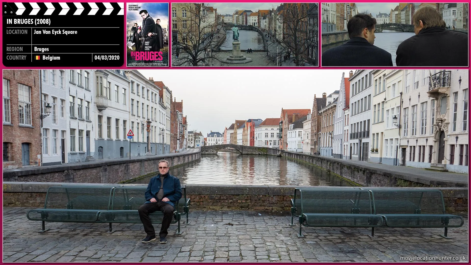 Filming location photo, shot in Belgium, for In Bruges (2008). Scene description: Ken (Brendan Gleeson) and Ray (Colin Farrell) sit on a bench and contemplate life.