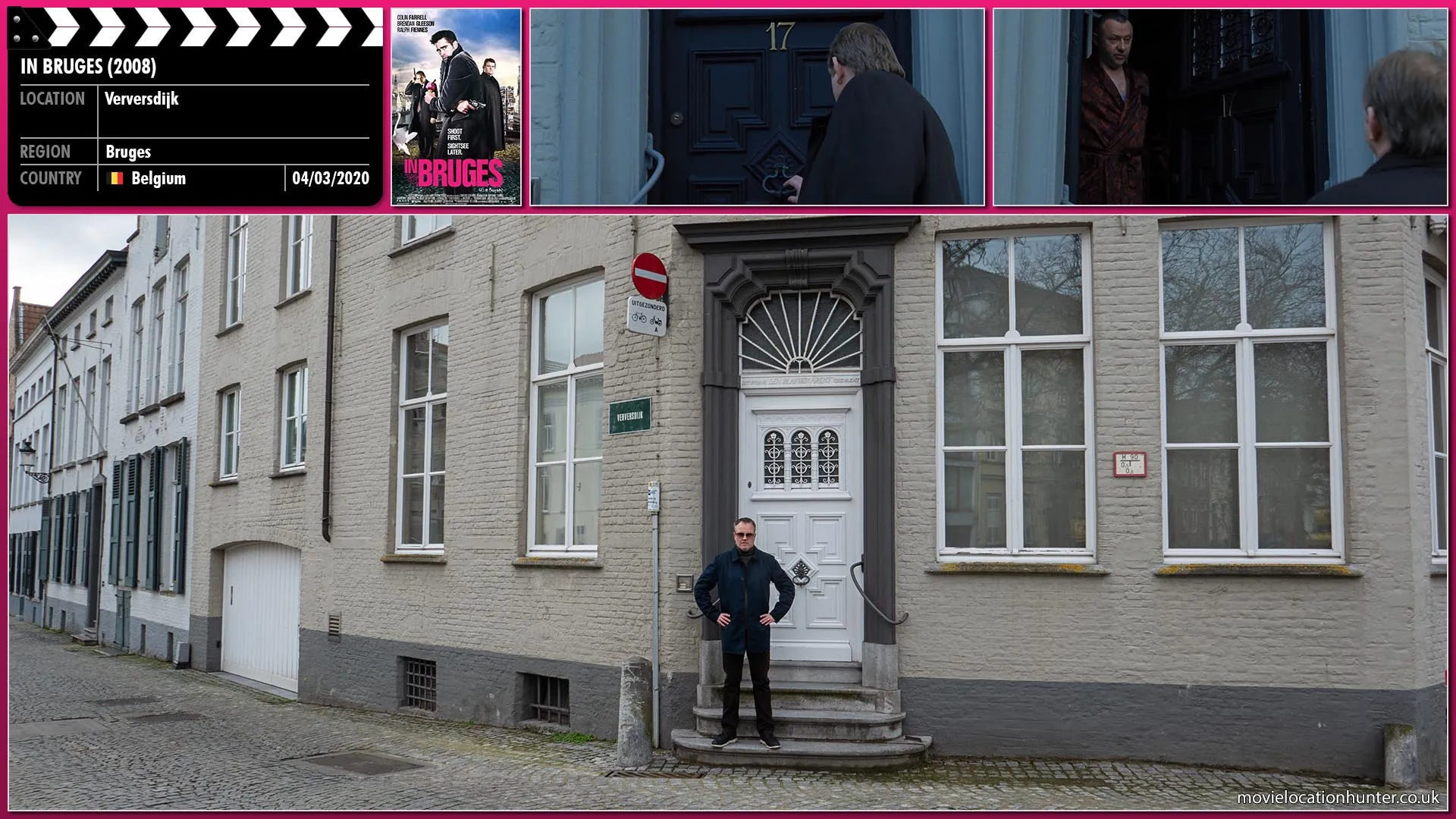 Filming location photo, shot in Belgium, for In Bruges (2008). Scene description: Ken (Brendan Gleeson) stands before a large door, checks the address 'Raamstraat 17' and then knocks.
