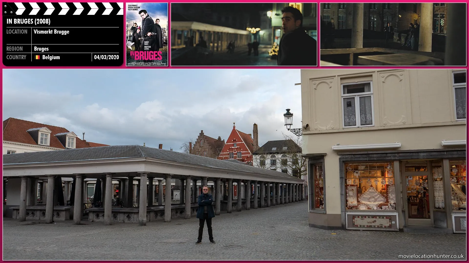 Filming location photo, shot in Belgium, for In Bruges (2008). Scene description: Ray (Colin Farrell) runs into a market square. Stops and looks back to see Harry (Ralph Fiennes) is still in pursuit.