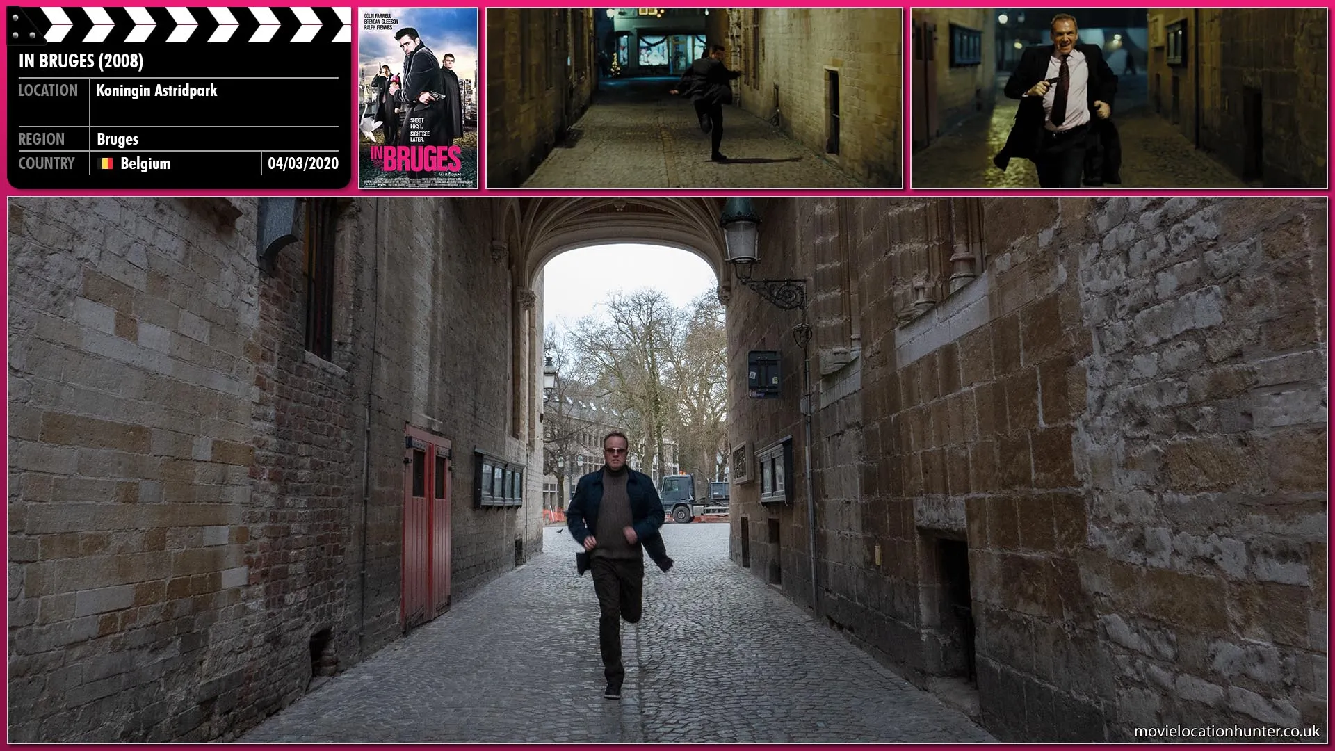 Filming location photo, shot in Belgium, for In Bruges (2008). Scene description: Ray (Colin Farrell) runs down an alley and Harry (Ralph Fiennes) follows.