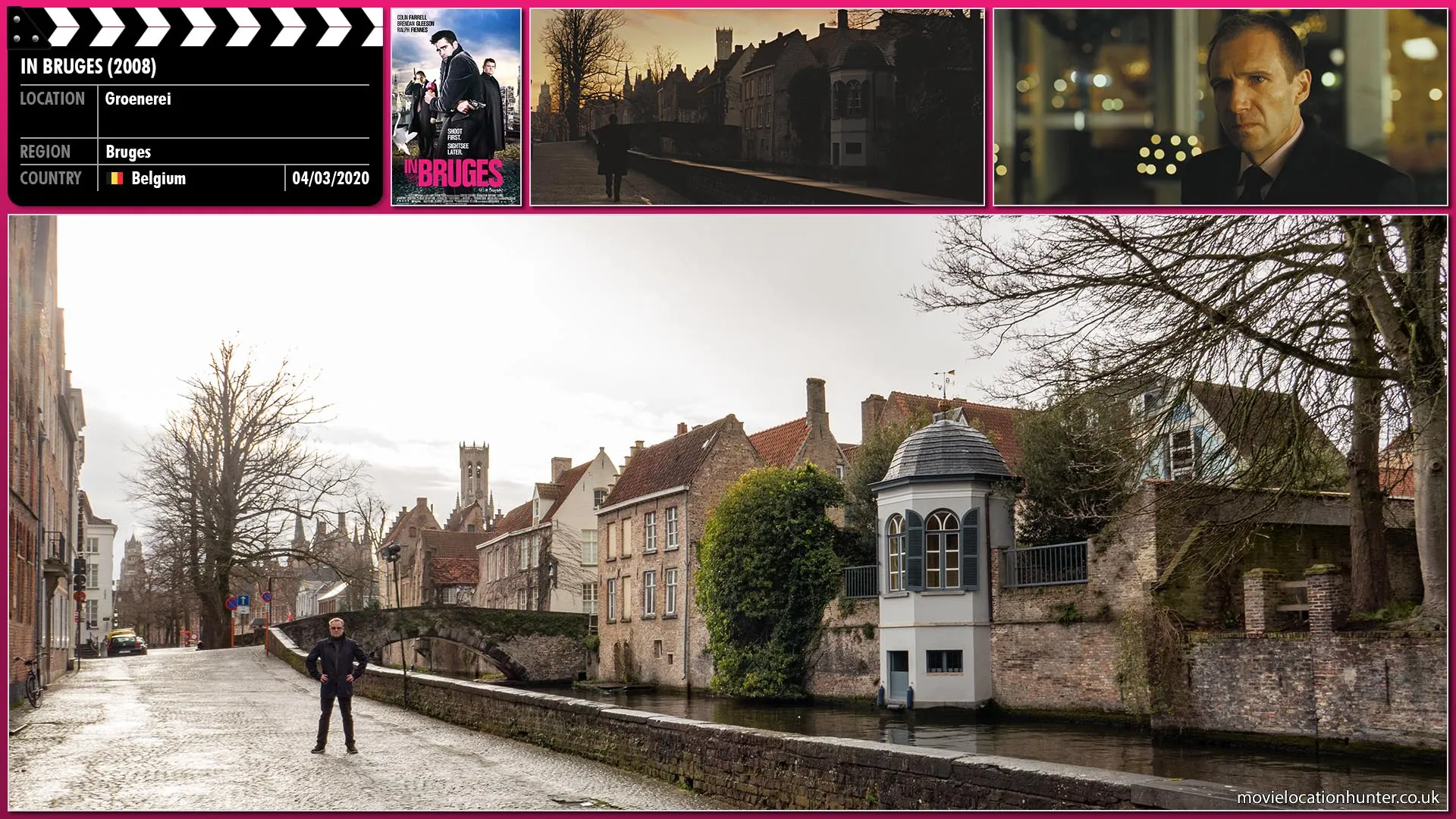 Filming location photo, shot in Belgium, for In Bruges (2008). Scene description: A disgruntled Harry (Ralph Fiennes) makes his way into the centre of Bruges.