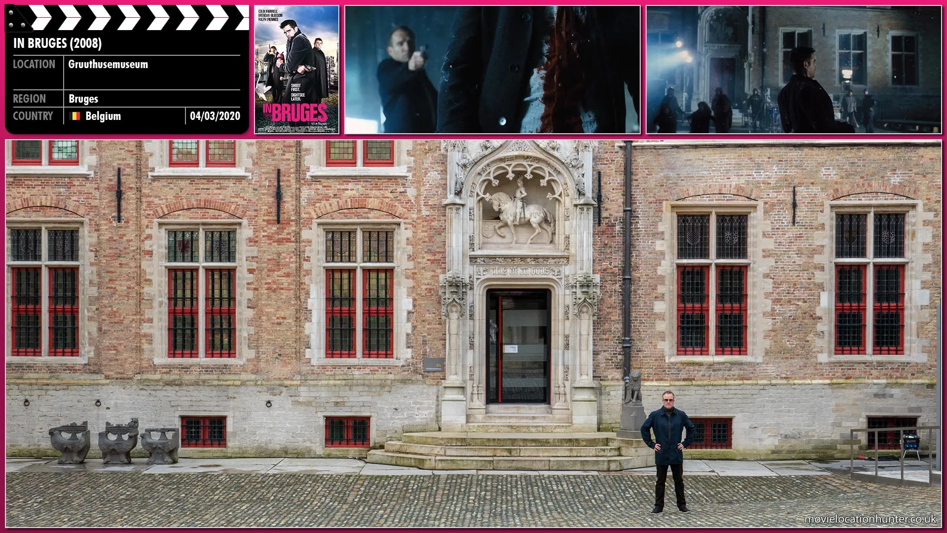 Filming location photo, shot in Belgium, for In Bruges (2008). Scene description: Ray (Colin Farrell) suddenly stops dead in his tracks, staring at something in front of him, horrified.  Harry (Ralph Fiennes) fires twice through Ray's back.  He slumps to the ground to reveal the body of Jimmy (Jordan Prentice), one of the bullet's having passed through Ray and blowing off Jimmy's head.