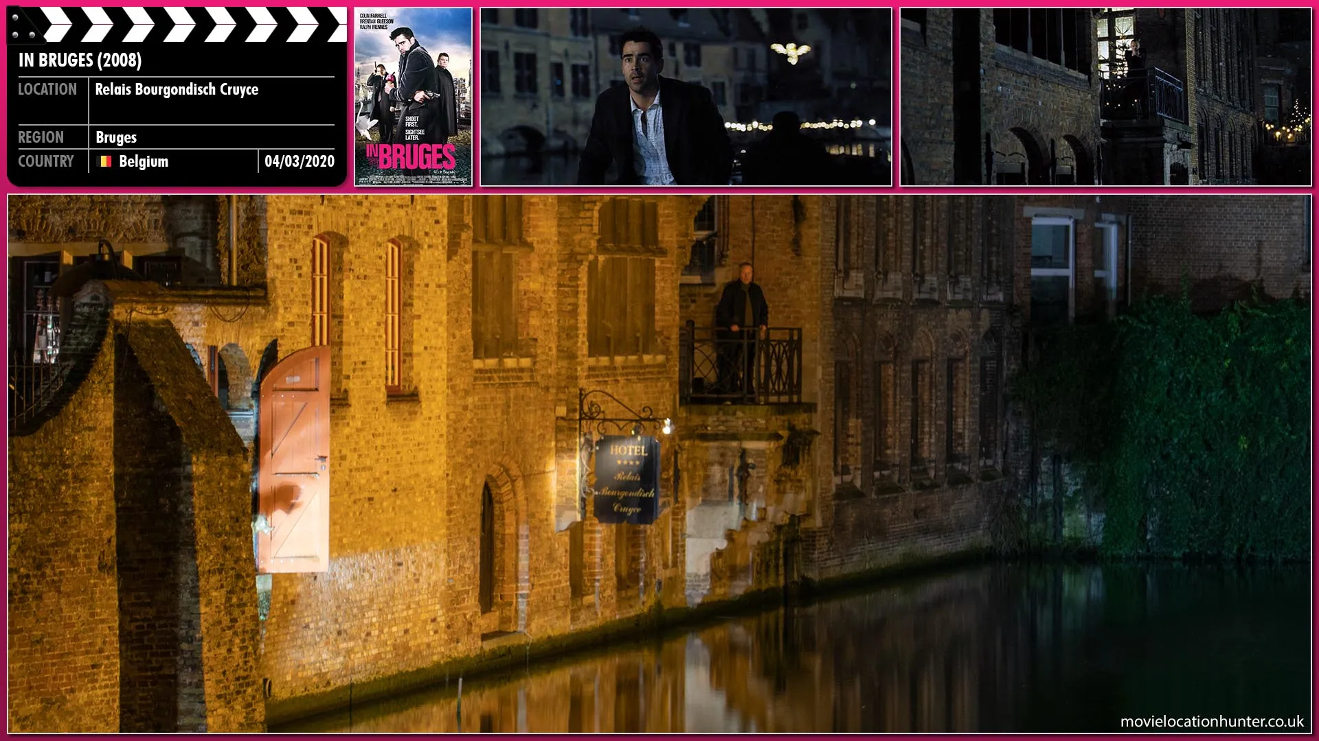 Filming location photo, shot in Belgium, for In Bruges (2008). Scene description: Ray (Colin Farrell) sees Harry (Ralph Fiennes) appear at the distant canalside.  Harry looks around at the water for a few seconds and then spots Ray in the boat getting further and further away.