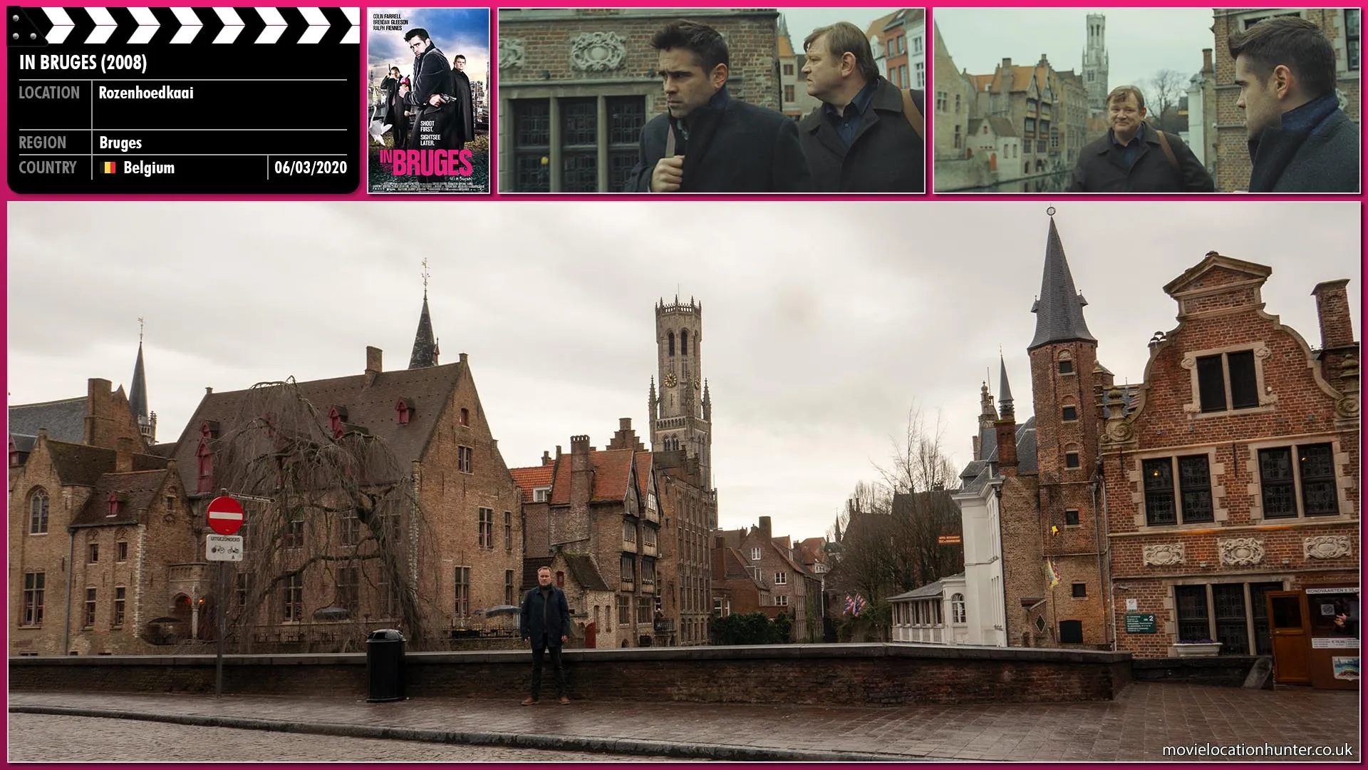 Filming location photo, shot in Belgium, for In Bruges (2008). Scene description: Ken (Brendan Gleeson) pop-up map in hand, is enjoying the novelty of the place, which irritates the sulky Ray (Colin Farrell) no end.  They arrive near their pretty canalside hotel.