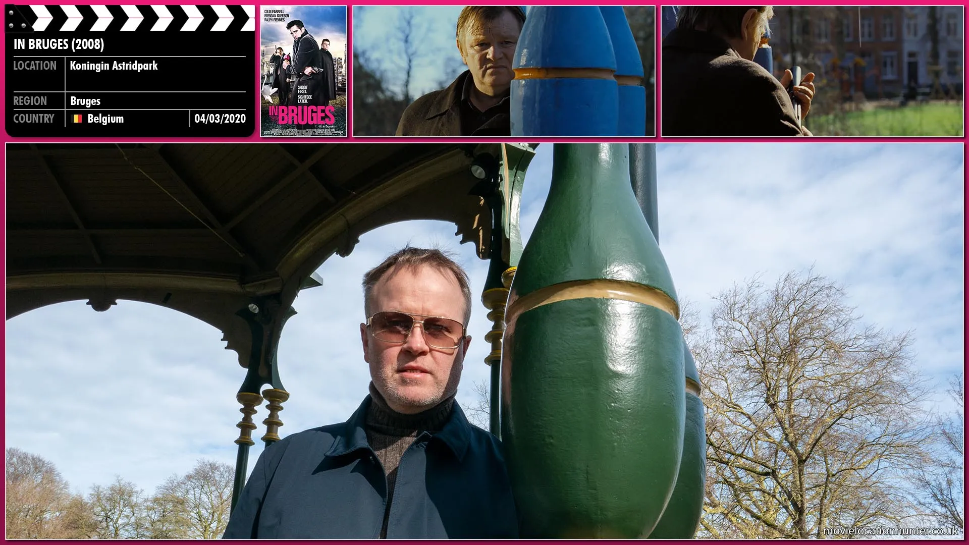 Filming location photo, shot in Belgium, for In Bruges (2008). Scene description: Ken (Brendan Gleeson) hidden from view, prepares his gun as he relucantly knows what he must do.