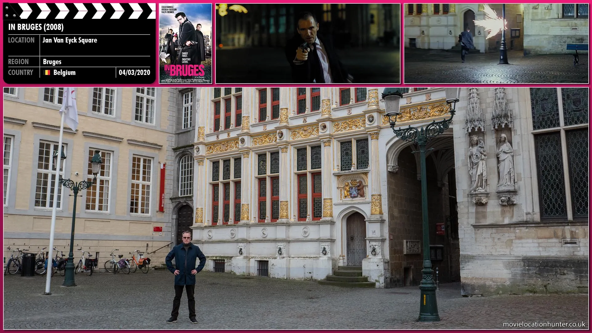 Filming location photo, shot in Belgium, for In Bruges (2008). Scene description: Harry (Ralph Fiennes) openly fires at Ray (Colin Farrell) as he chases him through the streets of Bruges.