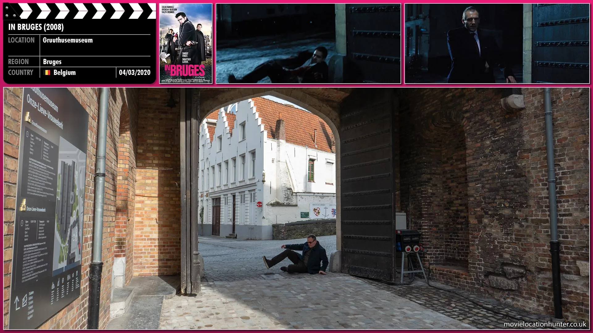 Filming location photo, shot in Belgium, for In Bruges (2008). Scene description: Ray (Colin Farrell) staggers into the middle of a misty film set which seems to be waiting for the freezing fog to clear.