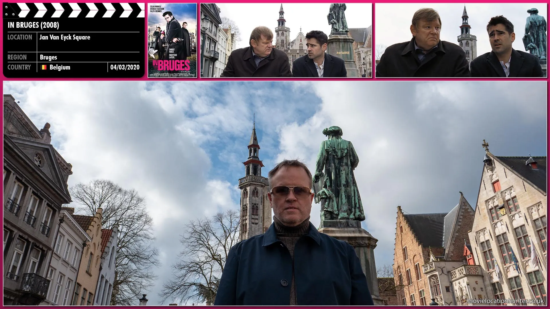 Filming location photo, shot in Belgium, for In Bruges (2008). Scene description: Ken (Brendan Gleeson) and Ray (Colin Farrell) chat with the distinctive Poorterslodge rising up behing them.