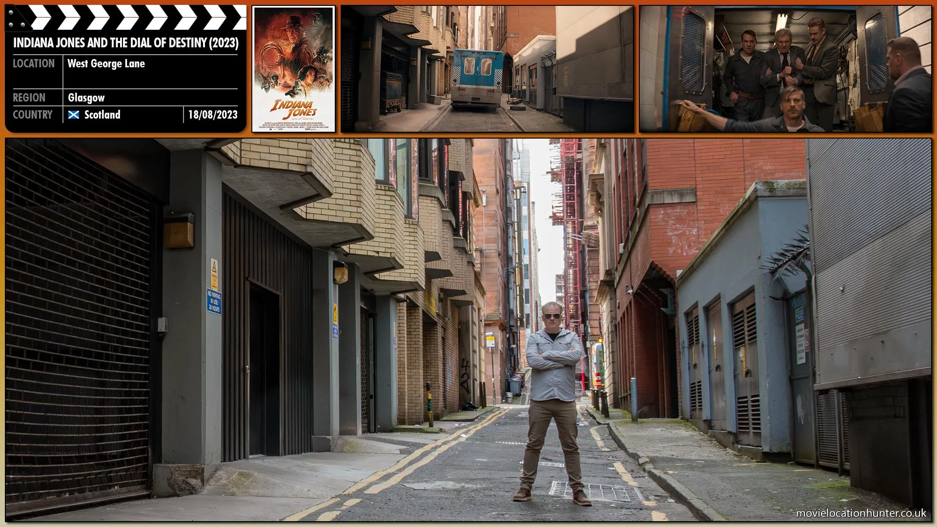 Filming location photo, shot in Scotland, for Indiana Jones and the Dial of Destiny (2023). Scene description: A hooded Indy (Harrison Ford) is bundled into the back of a van where he is questioned how he is acquainted to Helena Shaw (Phoebe Waller-Bridge).  Suddenly, the van is trapped with the Apollo 11 Moon landing parade in front and a New York taxi behind.