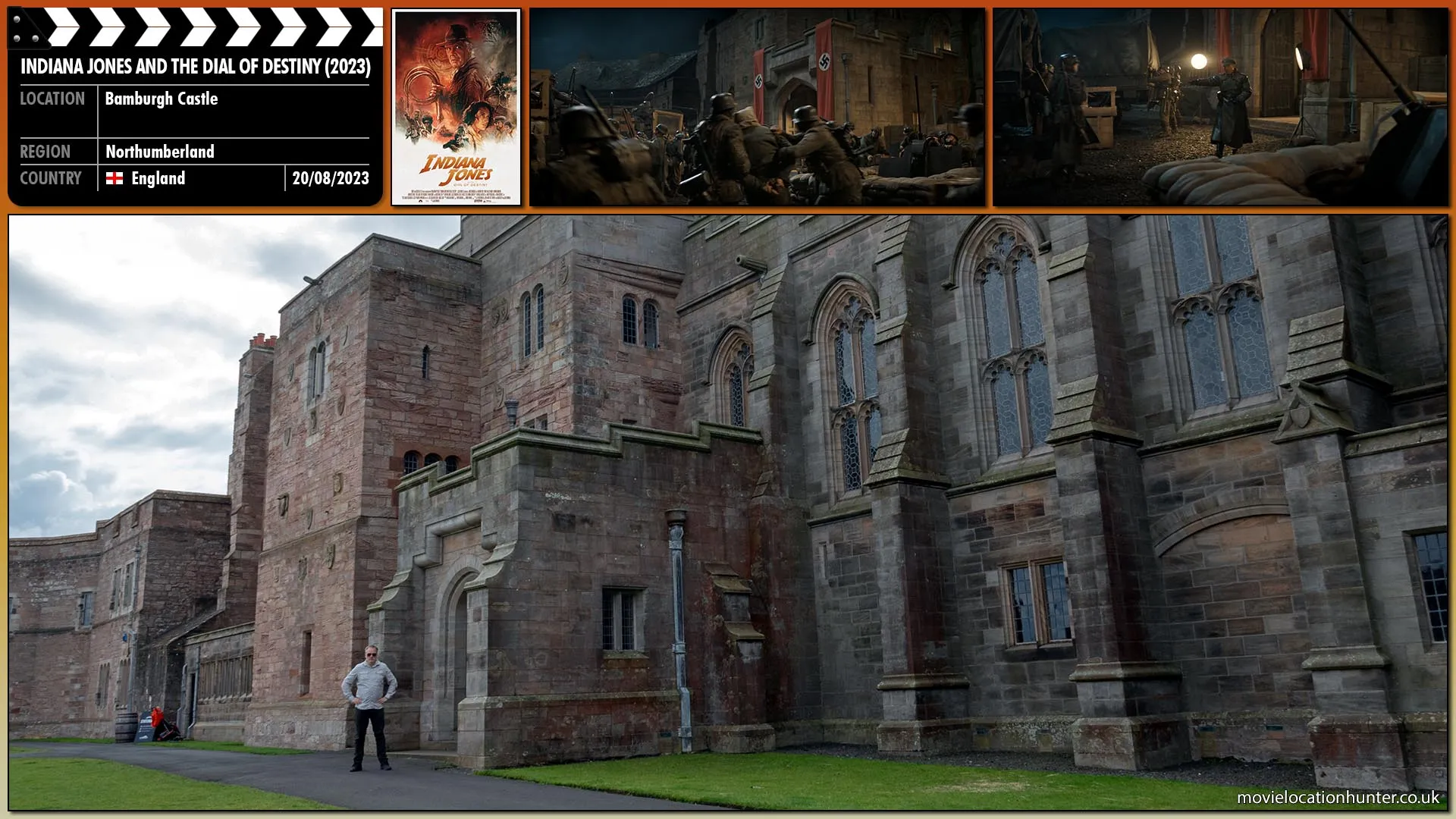 Filming location photo, shot in England, for Indiana Jones and the Dial of Destiny (2023). Scene description: A hooded captive (Harrison Ford) is led into the main castle for integration.  Later, Colonel Weber (Thomas Kretschmann) exits the castle ordering his men to 