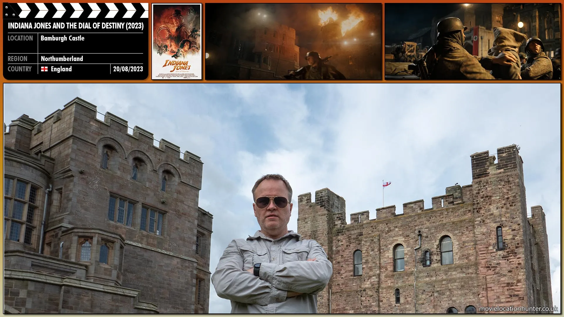 Filming location photo, shot in England, for Indiana Jones and the Dial of Destiny (2023). Scene description: German soldiers are rapidly moving large crates containing valuables from a castle as flames and explosions occur all around them.  Two German soldiers drag a hooded captive (Harrison Ford), also dressed as a German solider, through castle grounds.