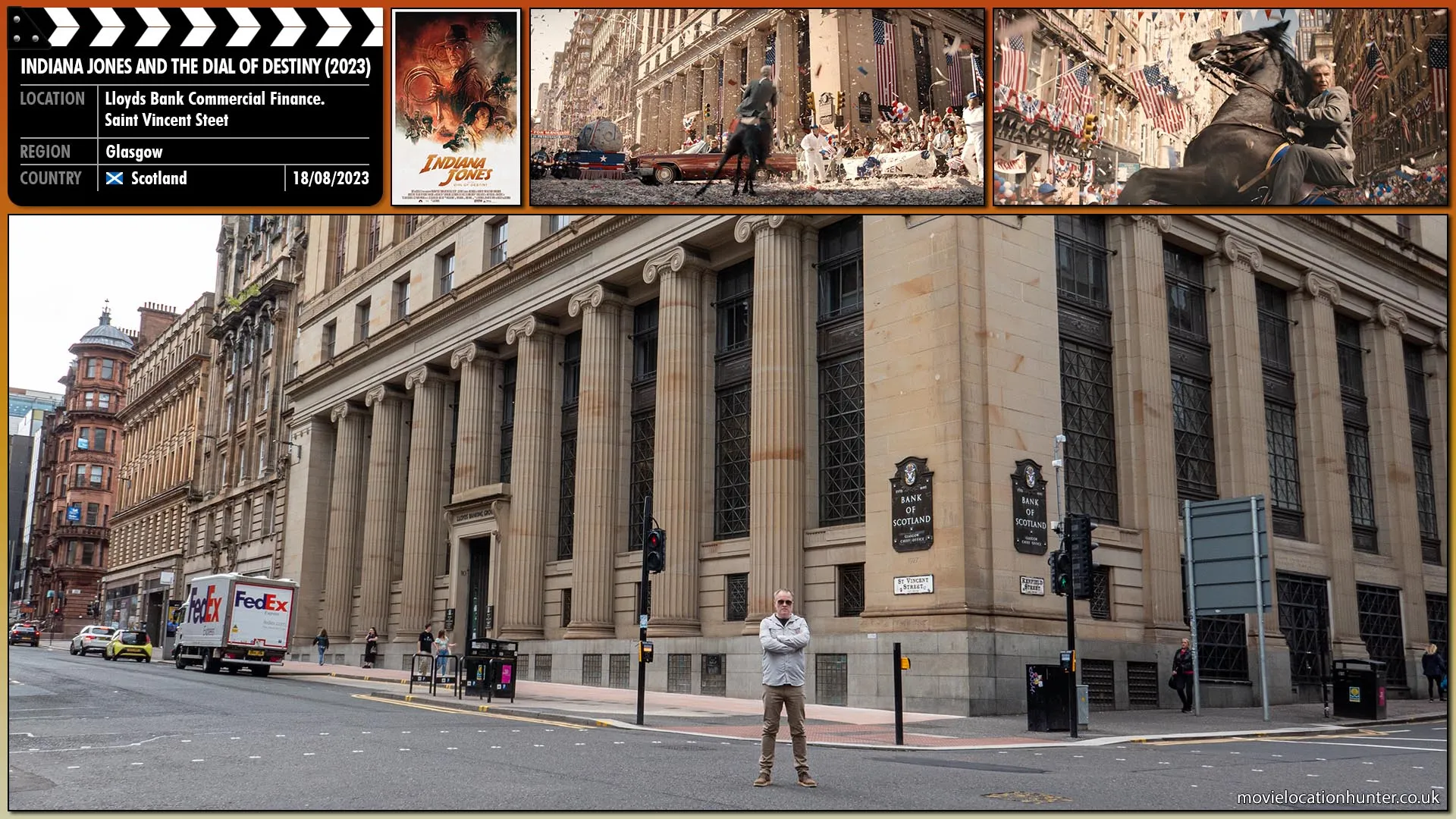 Filming location photo, shot in Scotland, for Indiana Jones and the Dial of Destiny (2023). Scene description: Indy (Harrison Ford) runs to a mounted police officer for help.  However, the officer is distracted by all the commotion.  Klaber (Boyd Holbrook) punches another officer and takes it motorcycle.  Indy jumps of the officer’s horse and rides into the parade.  Eventually cornered by his abductors, Indy rides horseback through the New York subway system before jumping on a train to escape.