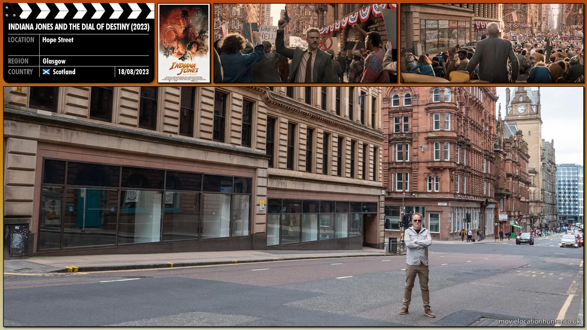 Filming location photo, shot in Scotland, for Indiana Jones and the Dial of Destiny (2023). Scene description: Forcibly being led by his abductors through the parade, Indy (Harrison Ford) chants with the crowd as a distraction before fighting his way free and disappearing into the parade.
