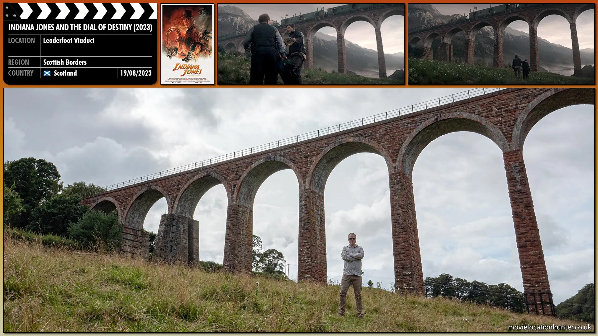 Filming location photo, shot in Scotland, for Indiana Jones and the Dial of Destiny (2023). Scene description: Jones (Harrison Ford) navigates through a Nazi plunder train filled with looted antiquities where he frees Basil (Toby Jones) and obtains the dial section. They leap from the train just before Allied forces derail it.  After such an adventure, Basil is disappointed they are going home empty handed as Jones hands him half of the Archimedes' Dial stating “Not exactly”.