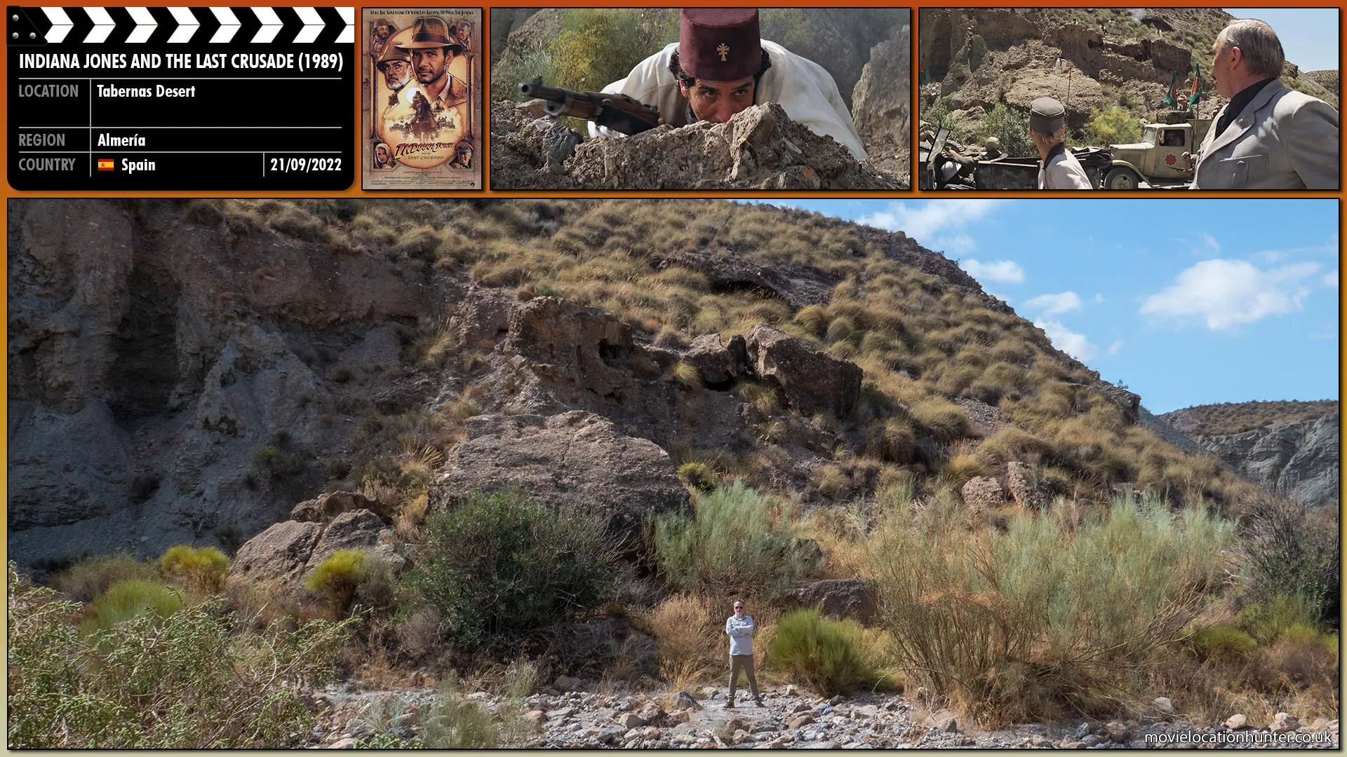 Filming location photo, shot in Spain, for Indiana Jones and the Last Crusade (1989). Scene description: Kazim (Kevork Malikyan) peers over a rock, pointing his rifle at the group below. Bullets explode off the vehicles and cliff. Donovan (Julian Glover) and Elsa (Alison Doody) duck.