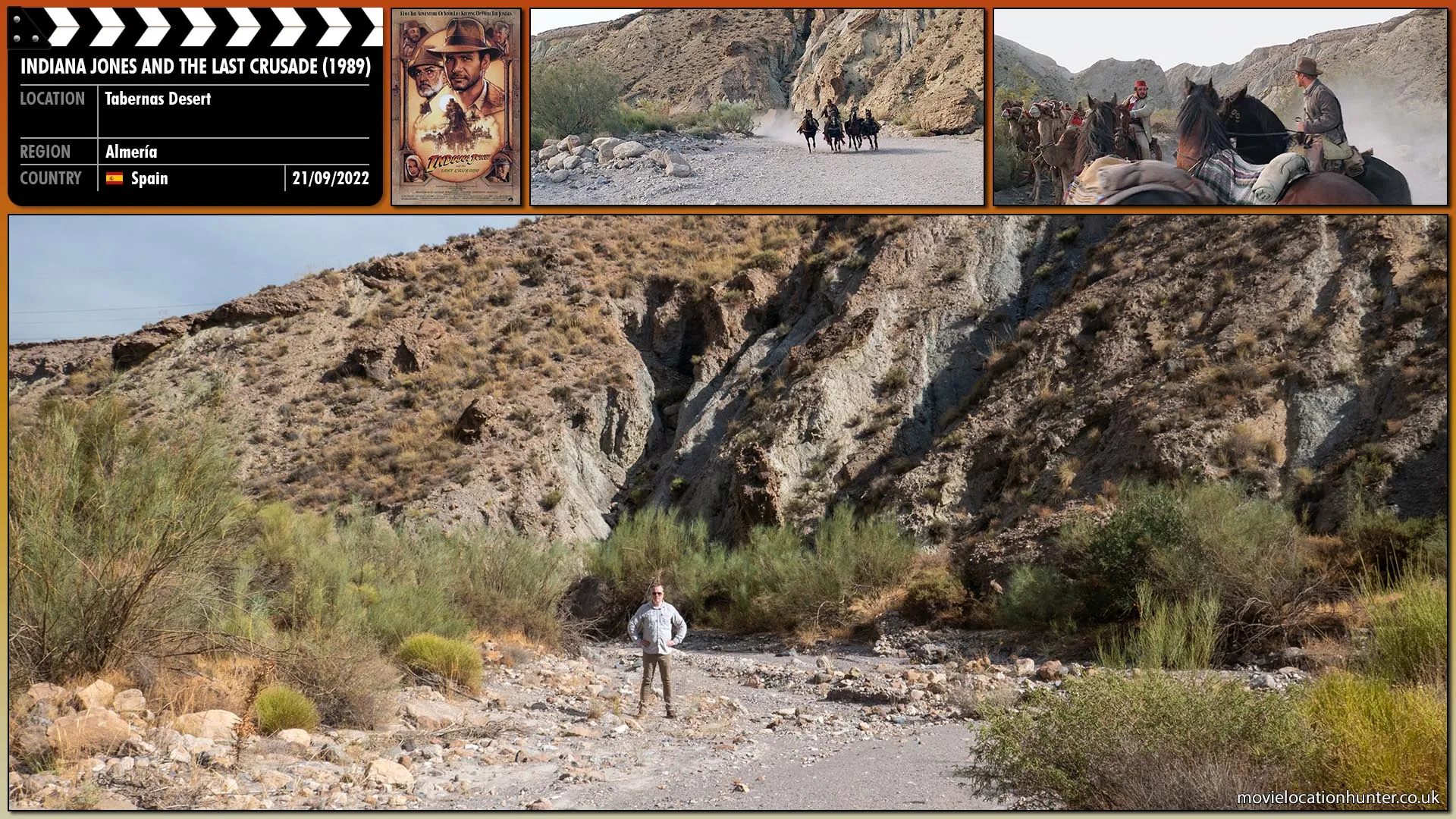 Filming location photo, shot in Spain, for Indiana Jones and the Last Crusade (1989). Scene description: Indy (Harrison Ford) rides on one horse, leading three others as he goes.  Sallah (John Rhys-Davies) approaches on horseback leading five camels.