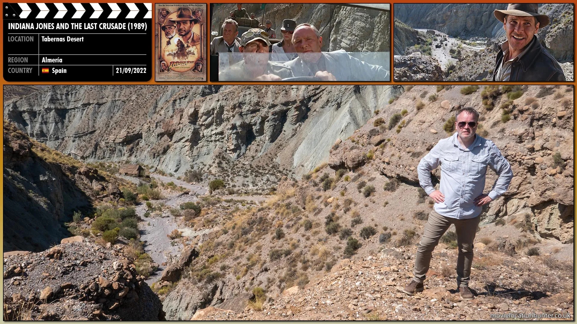 Filming location photo, shot in Spain, for Indiana Jones and the Last Crusade (1989). Scene description: Indy (Harrison Ford) finds Donovan's (Julian Glover) party travelling through the valley below and is surprised to see they have a tank.  A concerned Henry (Sean Connery) forcefully suggests Indy get out of the way to which he smugly replies they are well out of rage. At that moment the tank fires a shell in their direction and Indy runs for cover.