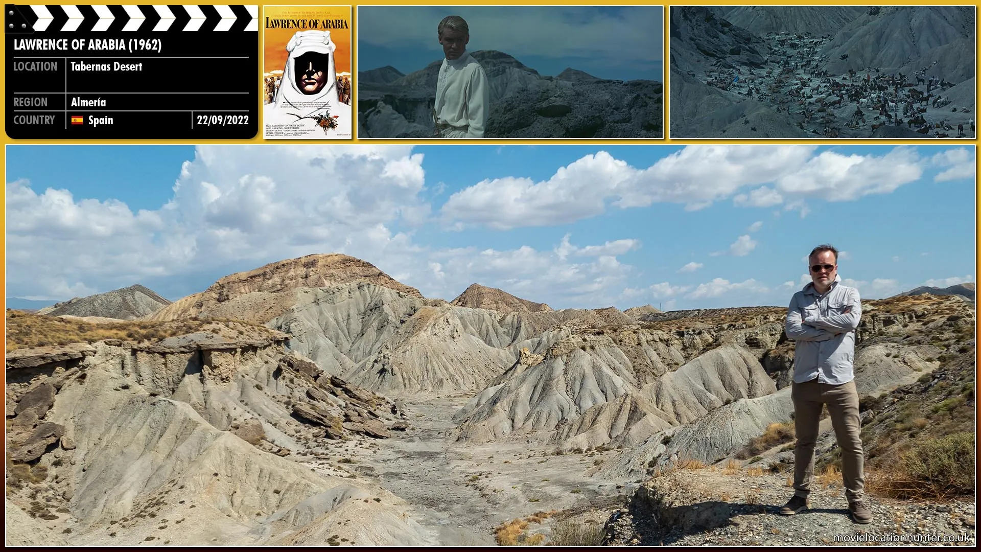 Filming location photo, shot in Spain, for Lawrence of Arabia (1962). Scene description: Lawrence (Peter O'Toole) persuades Auda Abu Tayi (Anthony Quinn), the leader of the powerful local Howeitat tribe, to turn against the Turks. Lawrence's scheme is almost derailed when one of Ali's men kills one of Auda's because of a blood feud. Since retaliation by the Howeitat would shatter the fragile alliance, Lawrence declares that he will execute the murderer himself. Lawrence is then stunned to discover that the culprit is Gasim (Inder Sen Johar), the man he risked his own life to save, but shoots him anyway.