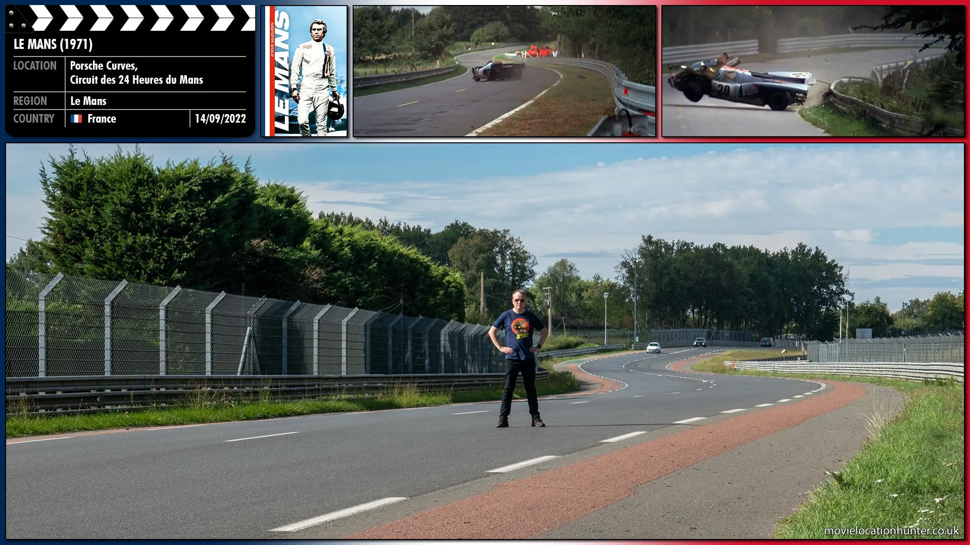 Filming location photo, shot in France, for Le Mans (1971). Scene description: Delaney (Steve McQueen) is distracted by an incident involving several cars to his right and almost rams a backmarker causing him to have a massive shunt bouncing off the Armco barriers.