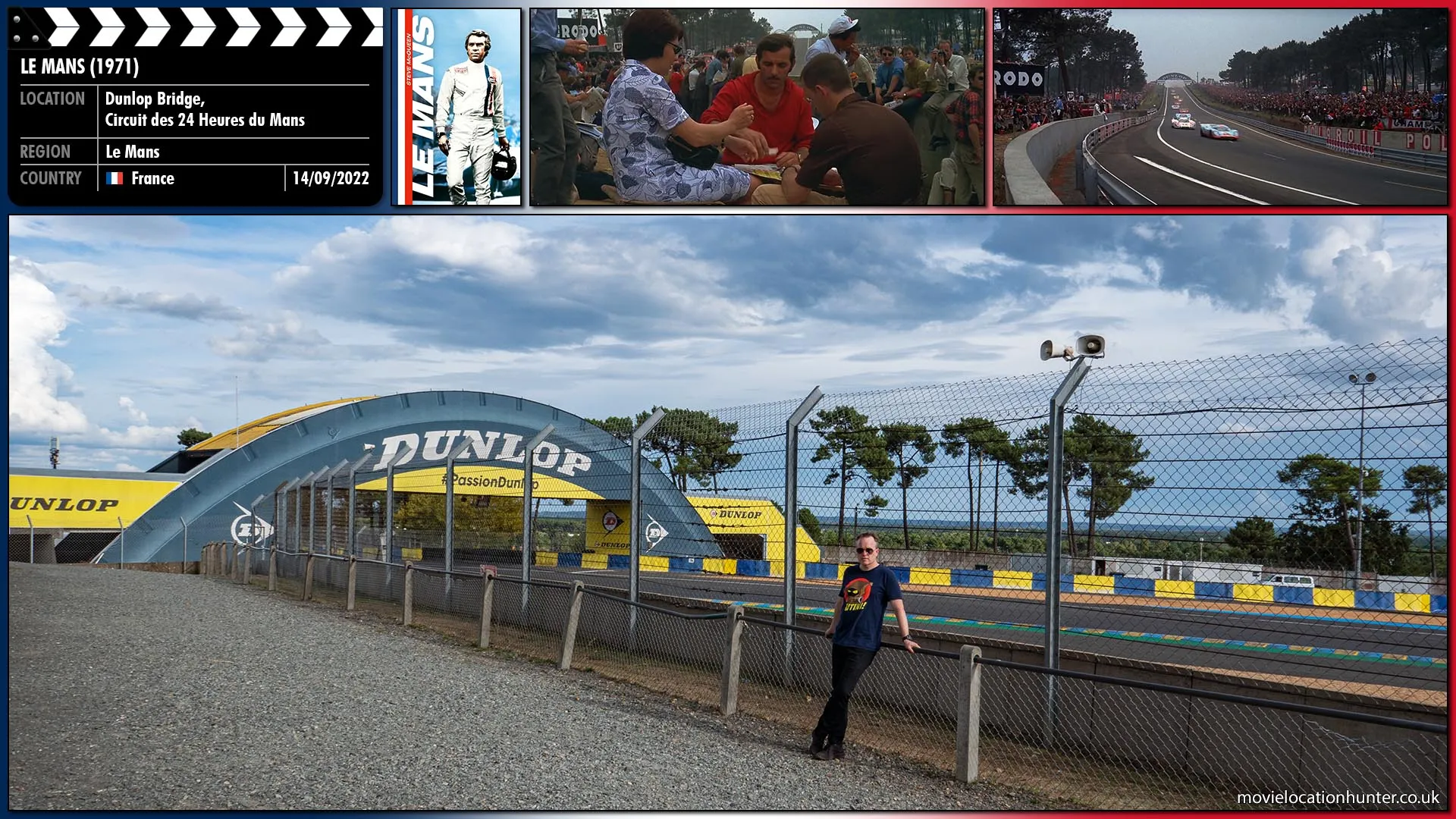 Filming location photo, shot in France, for Le Mans (1971). Scene description: The oldest surviving Dunlop Bridge at the Circuit de la Sarthe, the home of the 24 Hours of Le Mans used in various race scenes throughout the movie.
