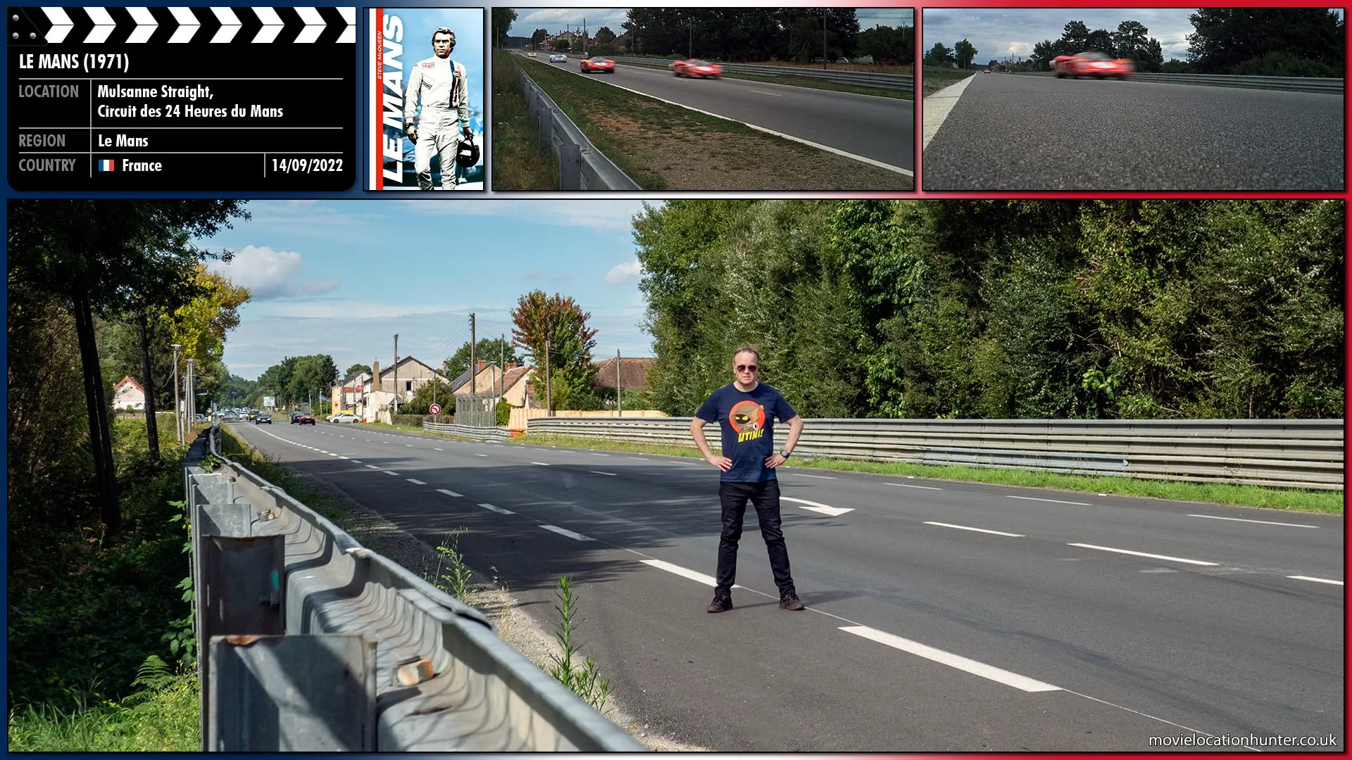 Filming location photo, shot in France, for Le Mans (1971). Scene description: Cars fly along the Mulsanne Straight at over 200mph past the Hotel des Hunaudieres that is open 24 hours, even during the race.  the time of filming guests could sit outside, eat a meal and watch the cars whiz by with no Armco or debris fencing to protect them. Today there is a substantial barrier along with catch fencing in place, although you can still eat on the patio.