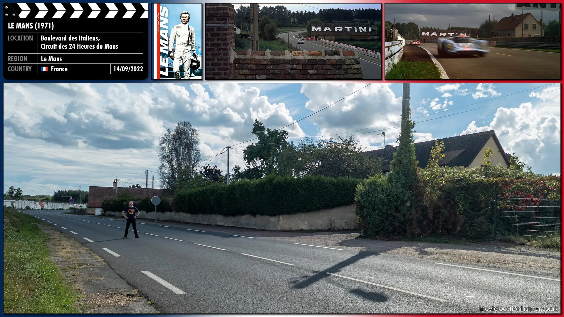 Filming location photo, shot in France, for Le Mans (1971). Scene description: Used for several scenes throughout the movie the distinct advertising of Martini can be seen on the roof of a building close to the road.  It's clearly seen at the start of the movie where Mike Delaney (Steve McQueen) gets out and stares at a spot behind the Armco barrier. Flashback to a night race at Le Mans, a crash and explosion.