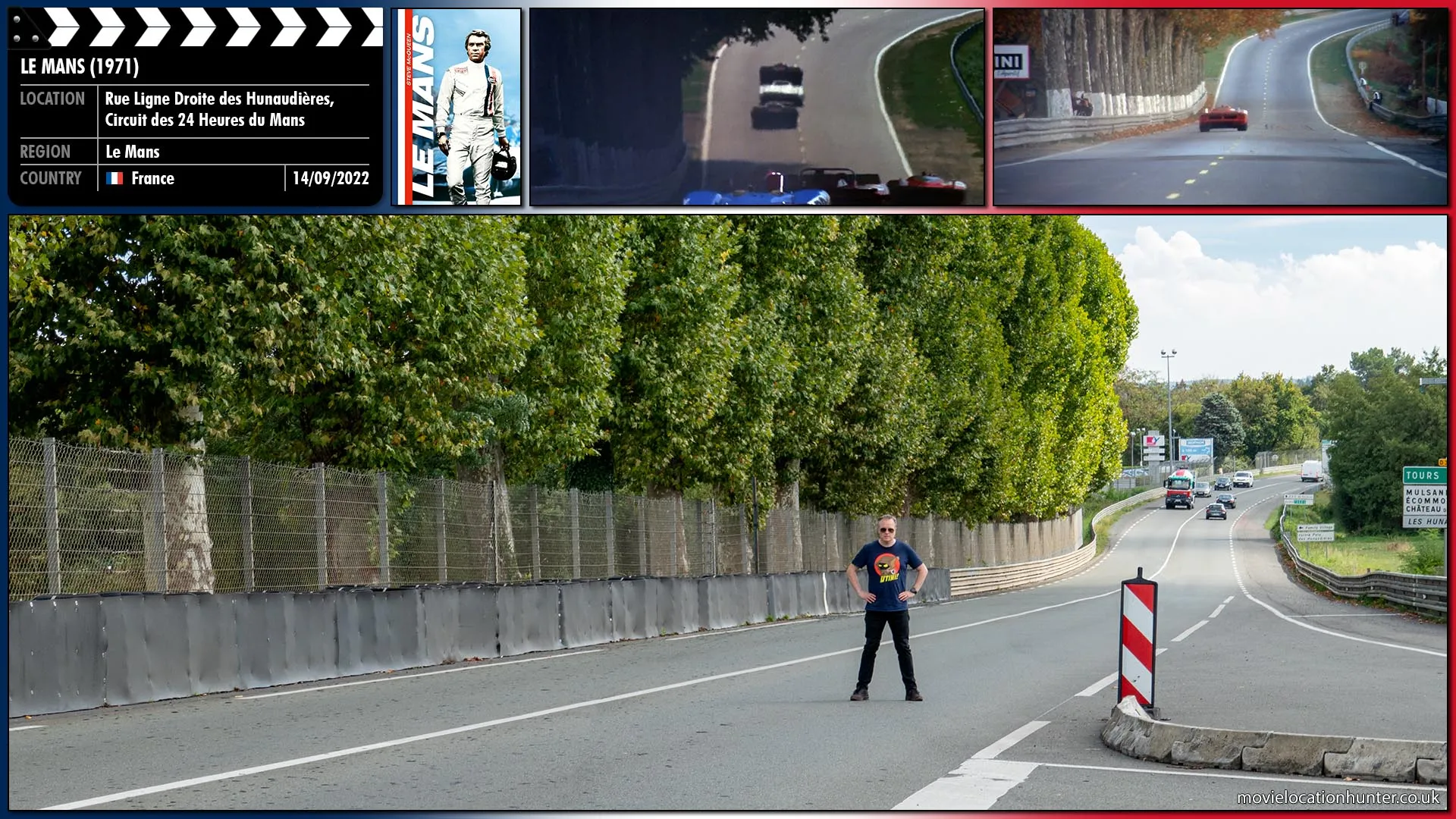 Filming location photo, shot in France, for Le Mans (1971). Scene description: Cars would speed out of the purpose built track onto the publicly used roads and drive down the Mulsanne Straight.  Now protected behind fencing but back in the early 70s the lower part of each trunk was painted white to help the drivers see at night.