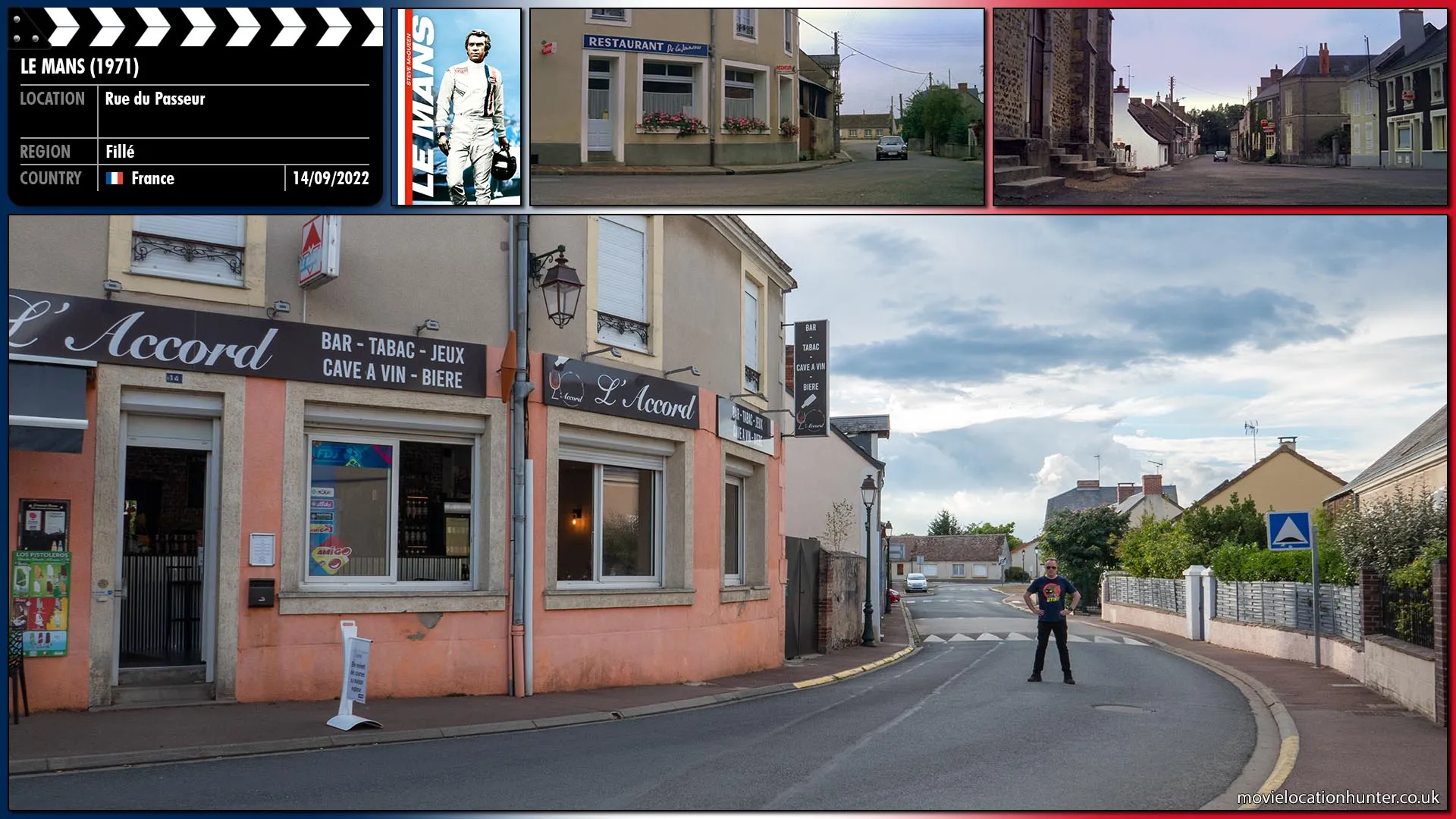 Filming location photo, shot in France, for Le Mans (1971). Scene description: A black Porsche 911, driven by Michael Delaney (Steve McQueen) cruises through a small French village.