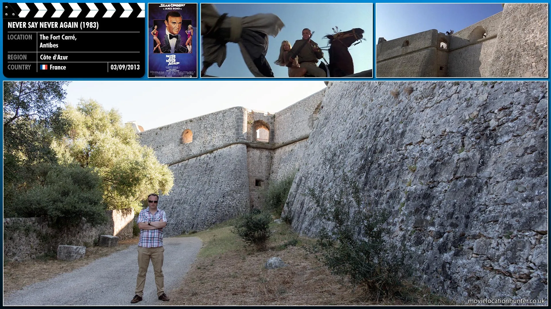 Filming location photo, shot in France, for Never Say Never Again (1983). Scene description: After stealing a horse from a guard, Bond (Sean Connery) rescues Domino (Kim Basinger) from the local arab men who then pursue them both until they (and horse) are forced to jump from a rampart into the sea to escape.