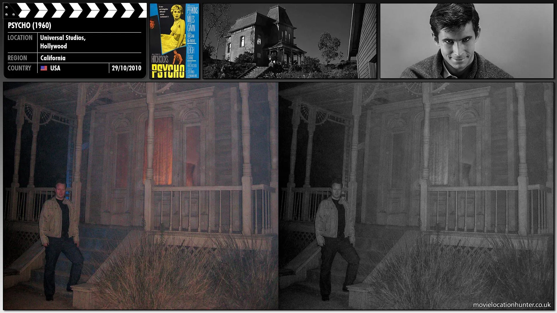 Filming location photo, shot in USA, for Psycho (1960). Scene description: Unable to see the road clearly, she spots the lighted sign of the Bates Motel, and decides to take a room for the night. As there are no other cars there, and no one in the motel office, she honks her horn upon seeing a light on in the house behind the motel, and a silhouette in the window. Someone dashes down the path to greet her, and he introduces himself as Norman Bates (Anthony Perkins).